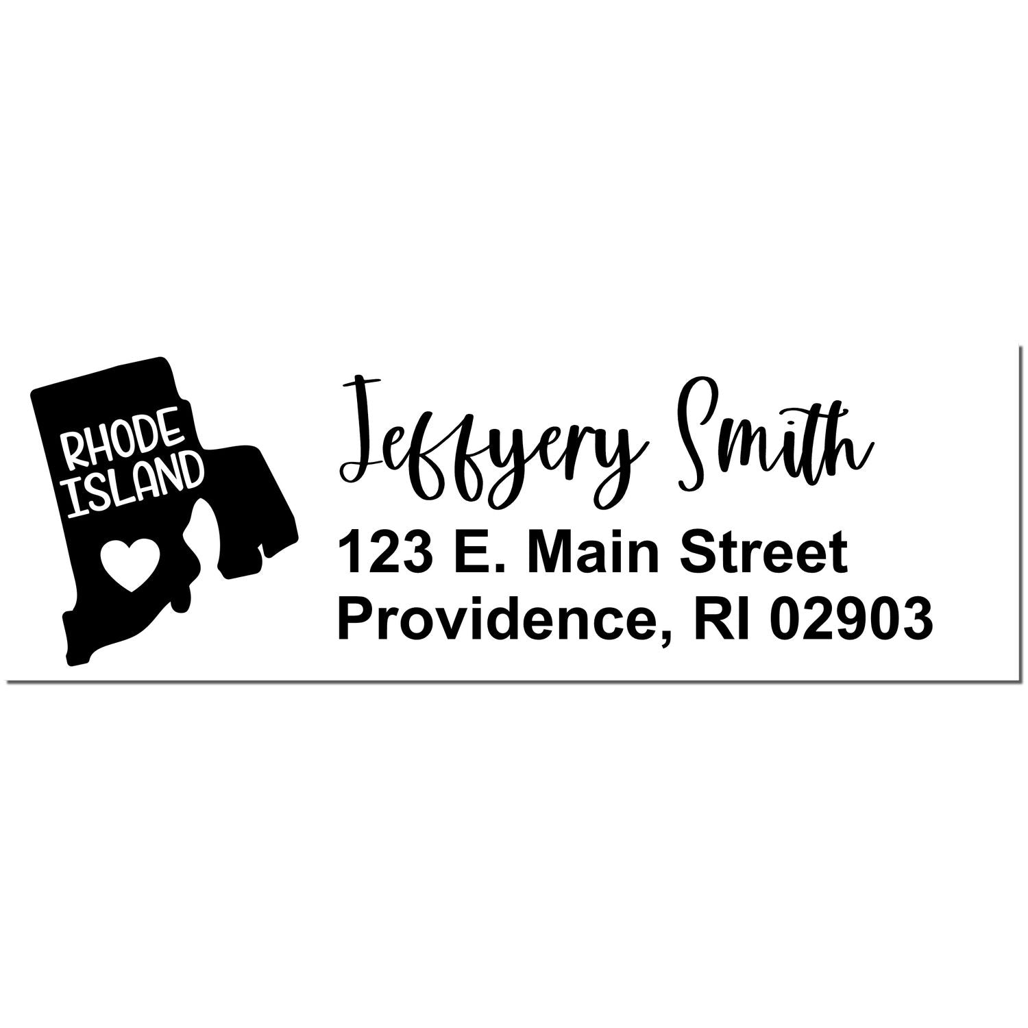 Rhode Island State Love Personalized Address Stamp featuring a silhouette of Rhode Island with a heart, and customizable text for name and address in elegant script.