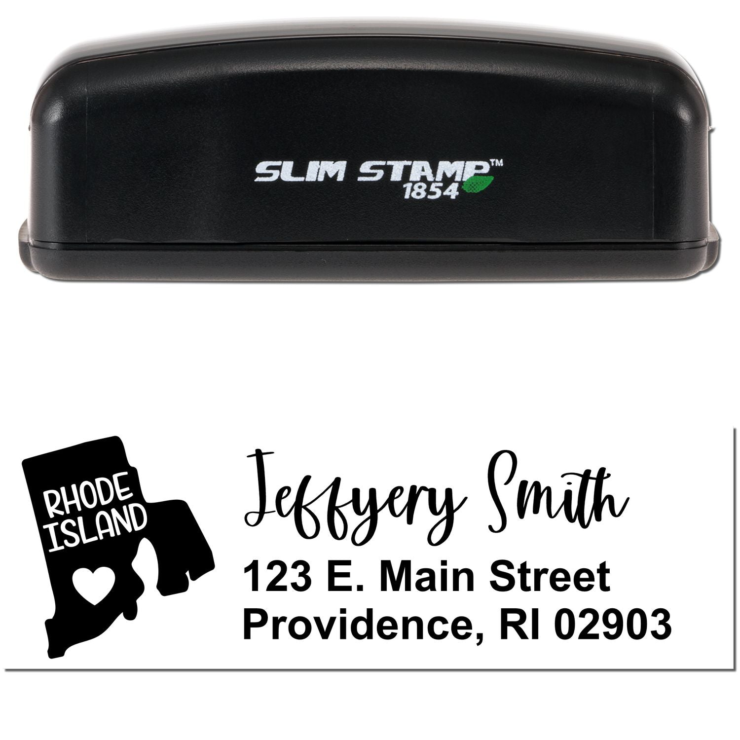 Slim Rhode Island Custom Address Stamp for Envelopes, featuring a black casing and a sample imprint with a Rhode Island map, heart icon, and personalized address in stylish font.