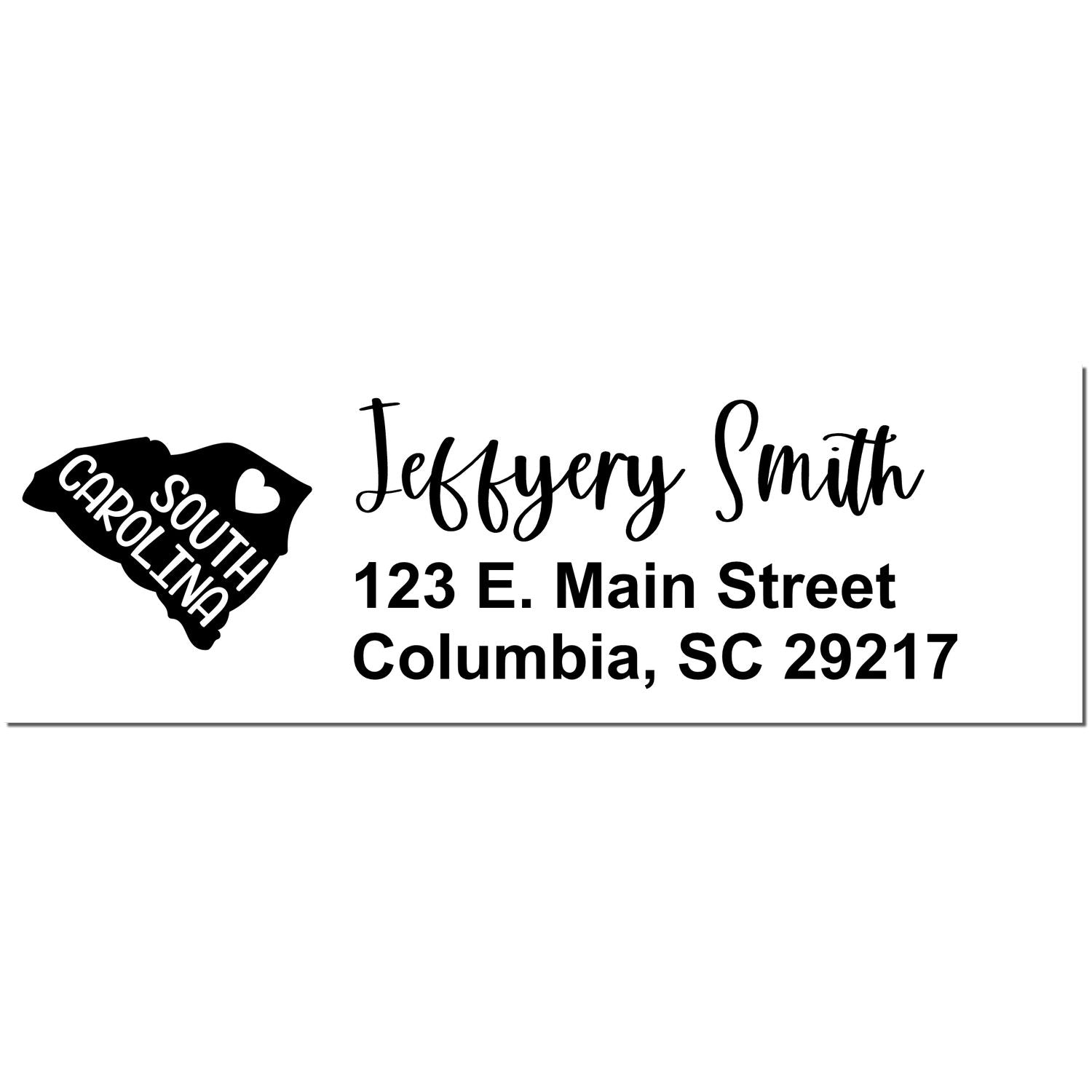 South Carolina State Love Personalized Address Stamp featuring a heart and state outline, with custom name and address in elegant script. Perfect for adding a personal touch to mail.