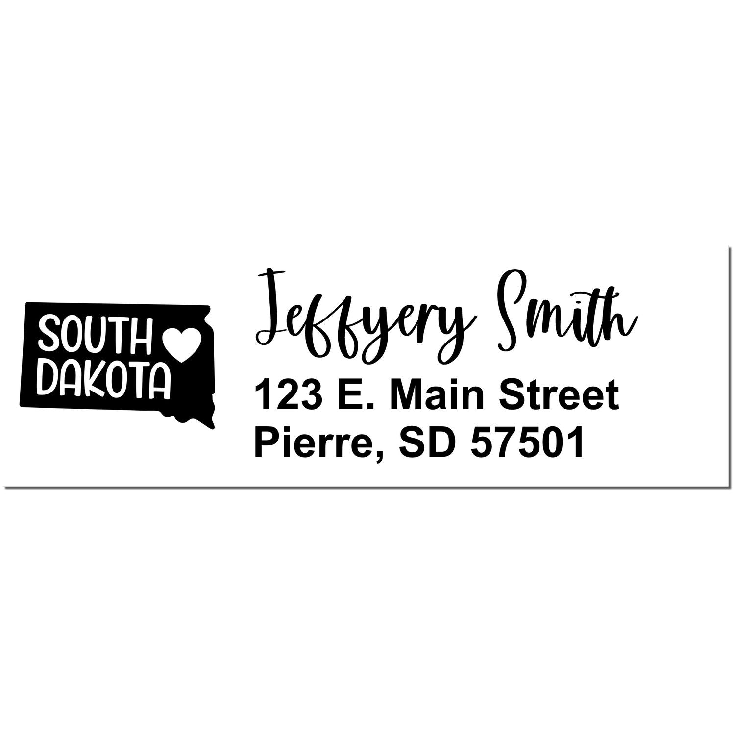 State Love of South Dakota Custom Address Stamp Self-Inking, featuring a black outline of South Dakota with a heart, personalized with Jeffery Smith, 123 E. Main Street, Pierre, SD 57501.