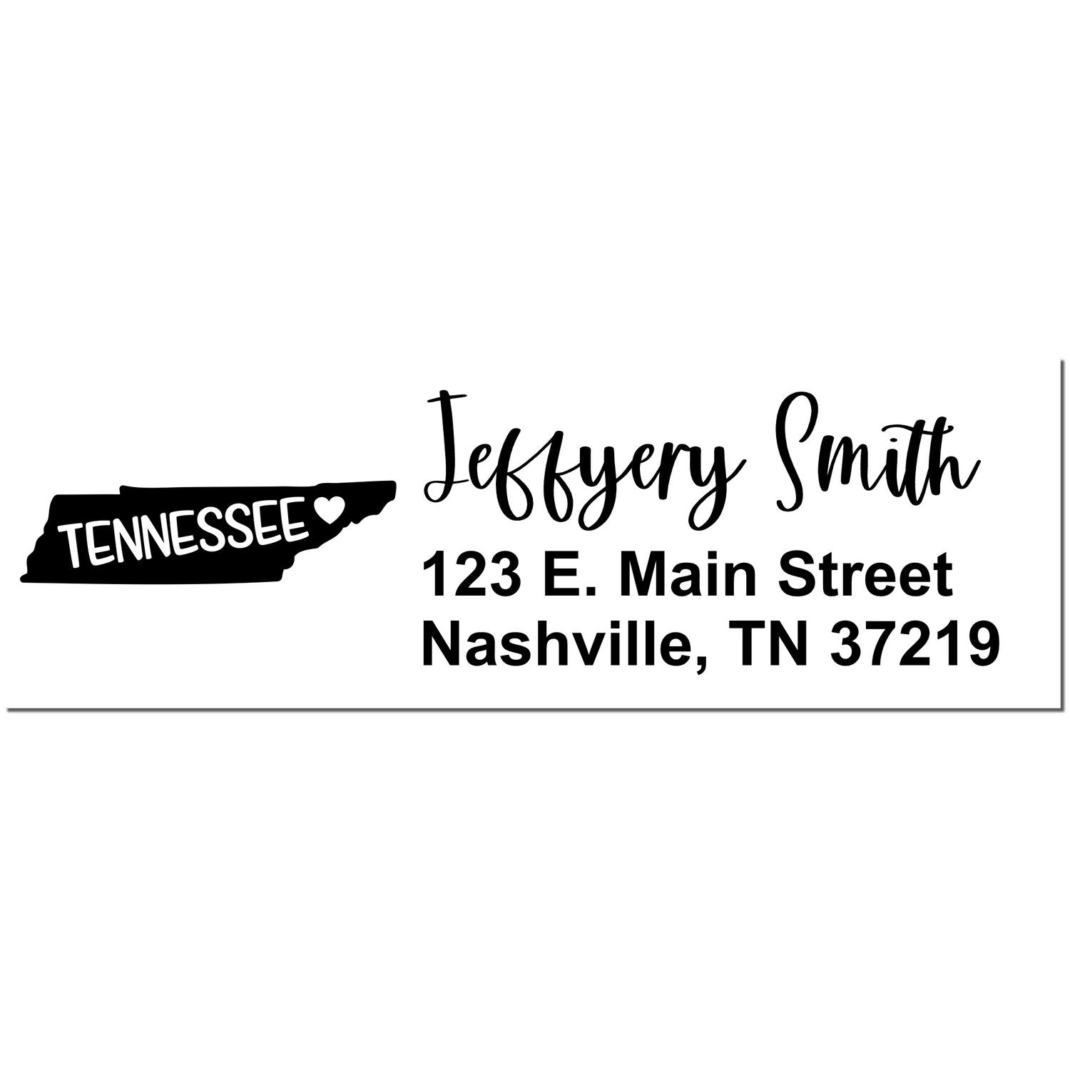 Tennessee State Love Personalized Address Stamp featuring a black silhouette of Tennessee with Tennessee text and a heart, alongside customizable name and address fields in elegant script.