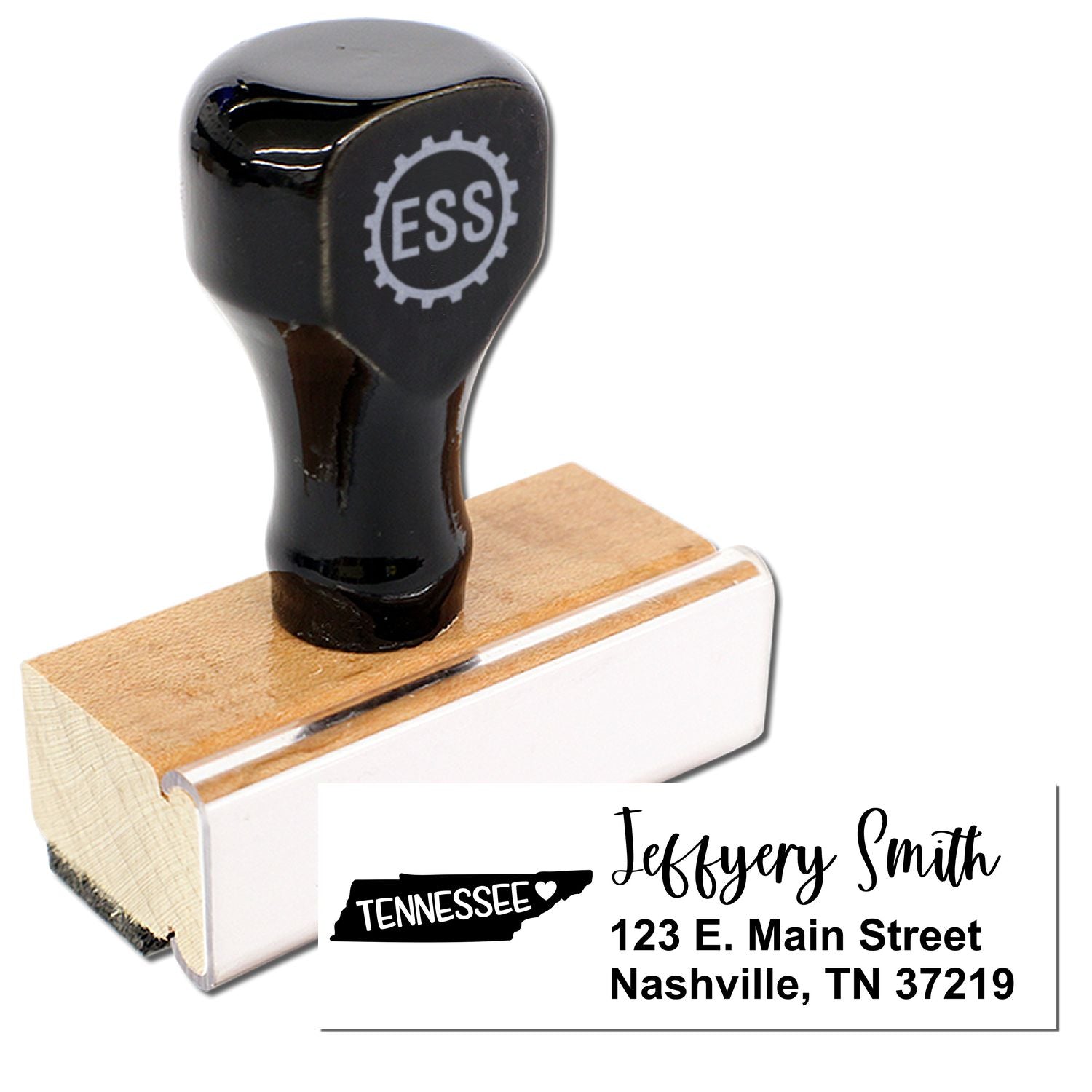 Tennessee State Love Personalized Address Stamp with a wooden handle and black top. Features a sample address: 123 E. Main Street, Nashville, TN 37219 with a Tennessee state outline design.