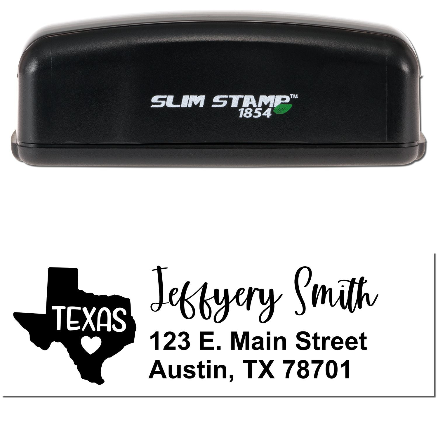 Image of a Slim Texas Custom Address Stamp for Envelopes, featuring a black stamp with Slim Stamp 1854 branding and a sample address design with a Texas map outline and heart.