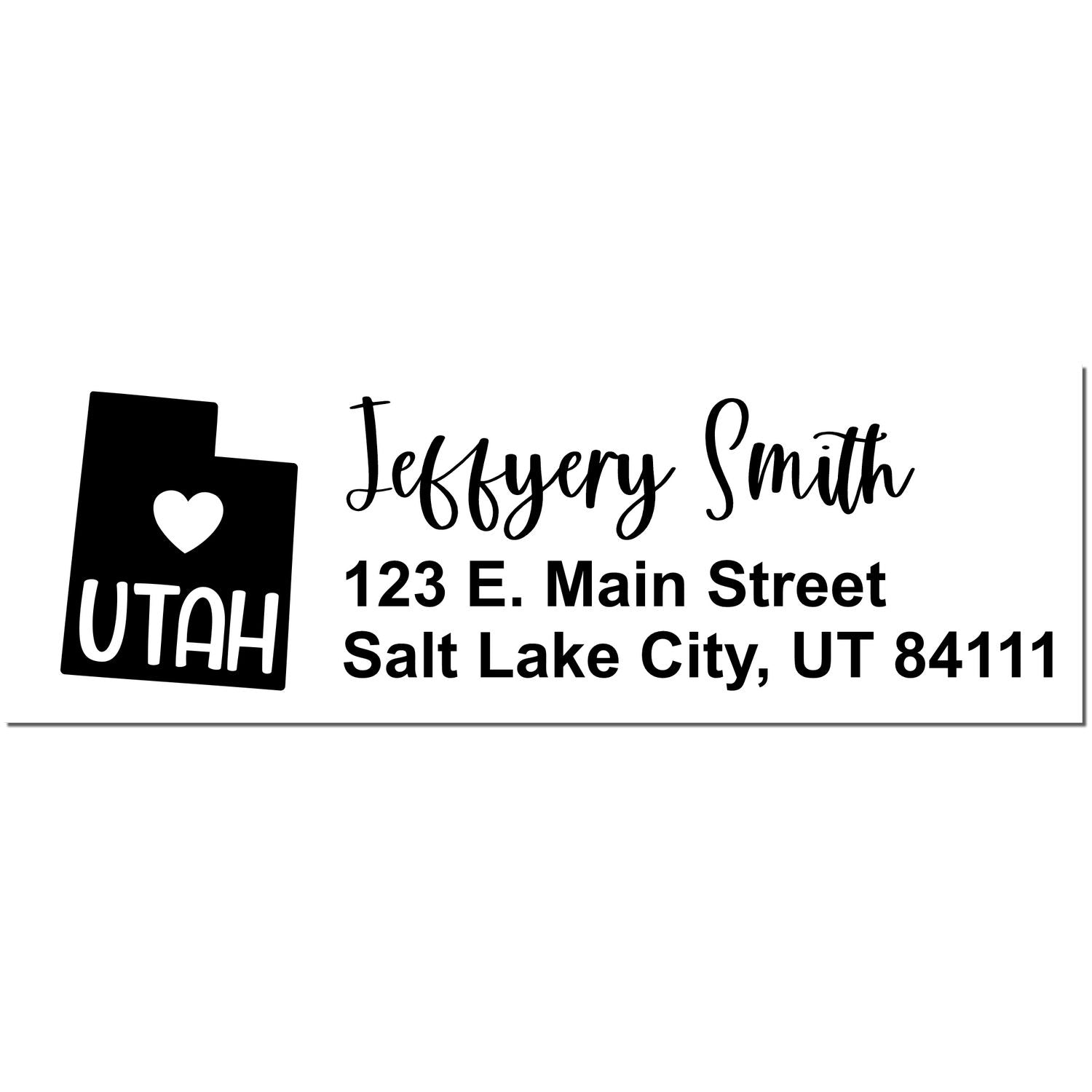 PSI Pre-Inked Utah State Love Customized Address Stamp featuring a heart in Utah's outline, personalized with Jeffery Smith, 123 E. Main Street, Salt Lake City, UT 84111 in stylish font.