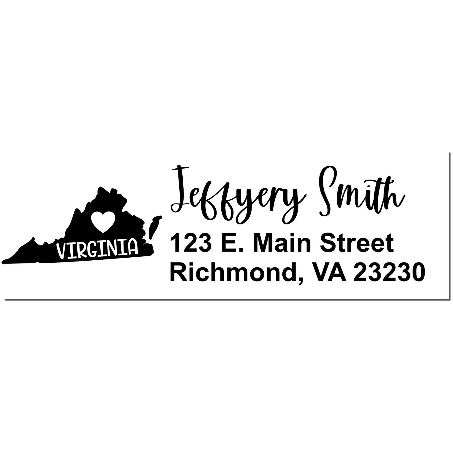 Virginia State Love Personalized Address Stamp featuring a heart design within the state outline, personalized with 'Jeffery Smith, 123 E. Main Street, Richmond, VA 23230' in elegant font.