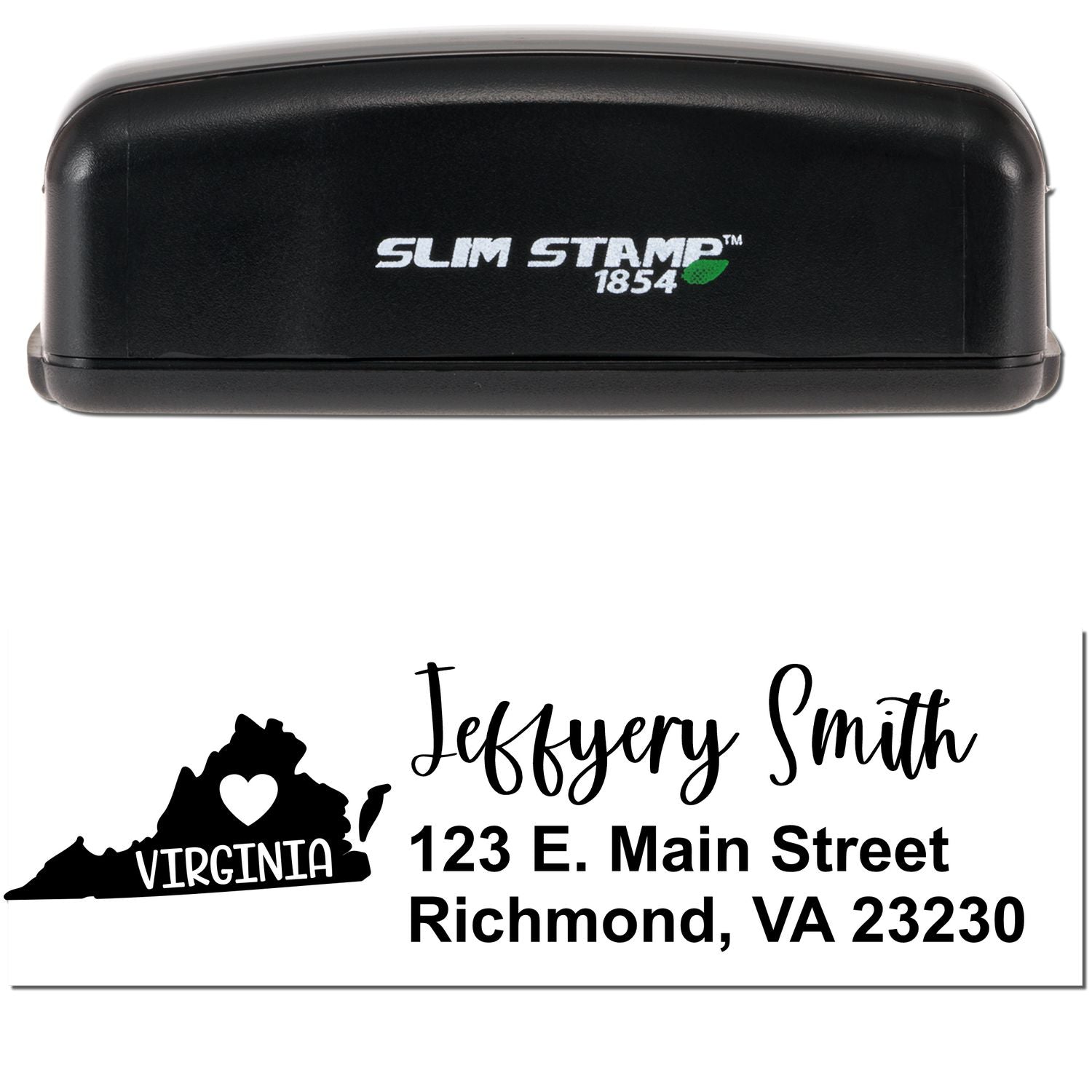 Image of a Slim Virginia Custom Address Stamp for Envelopes, featuring a black stamp case and an imprint with a heart in Virginia, personalized with a name and address in Richmond, VA.