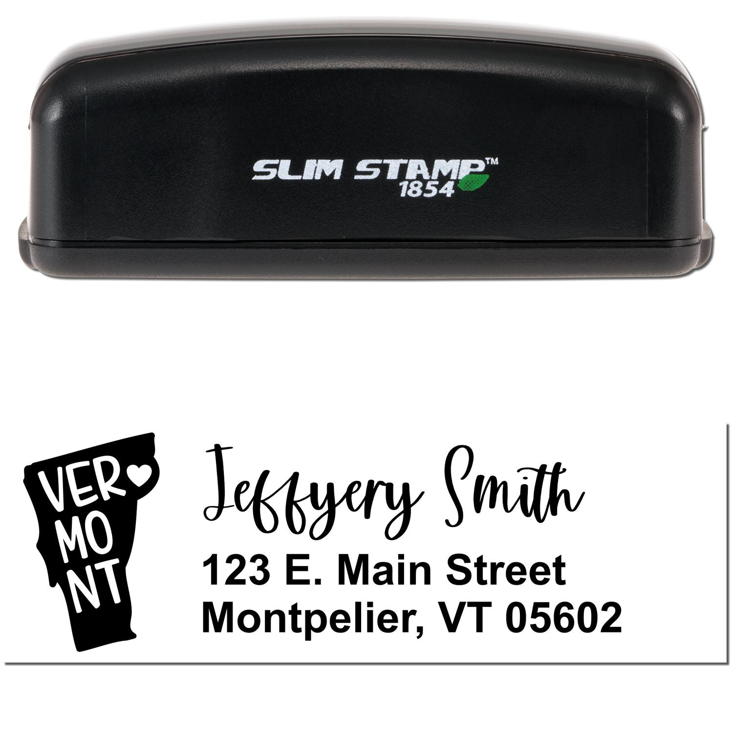 Slim Vermont Custom Address Stamp for Envelopes: Black stamp with Slim Stamp 1854 logo, featuring a sample address in stylish font. Ideal for personalizing envelopes with ease.