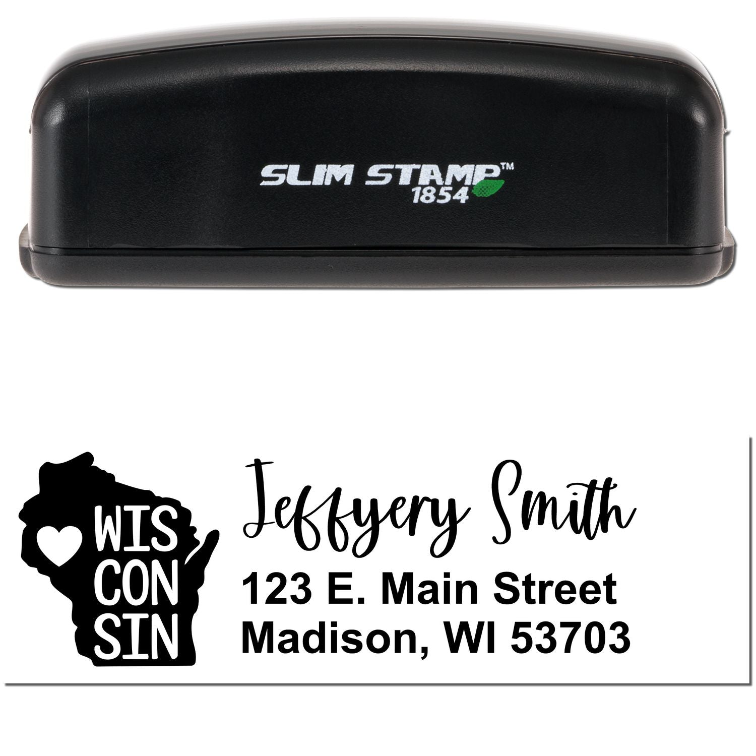 Image of a Slim Wisconsin Custom Address Stamp for Envelopes, featuring a black casing and a sample imprint with a Wisconsin state outline, heart icon, and personalized address details.