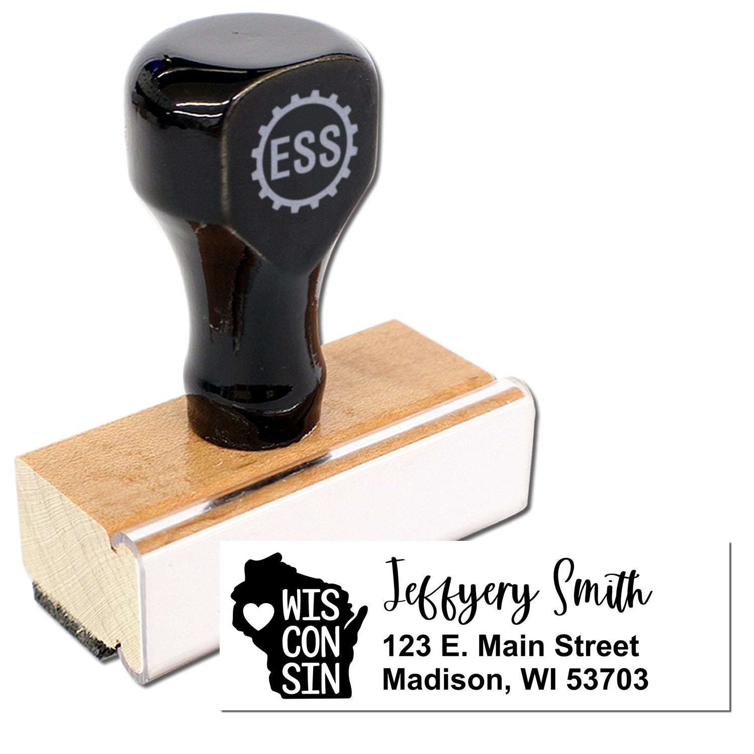 Image of the Wisconsin State Love Personalized Address Stamp with a wooden base and black handle, featuring a heart design and sample address: Jeffery Smith, 123 E. Main Street, Madison, WI 53703.