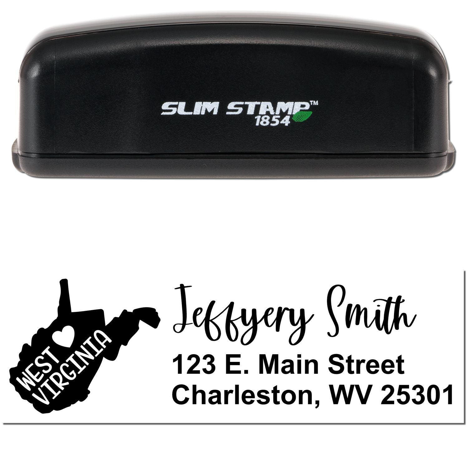 Image of a Slim West Virginia Custom Address Stamp for Envelopes, featuring a black stamp case and a sample address with a heart-shaped West Virginia graphic.