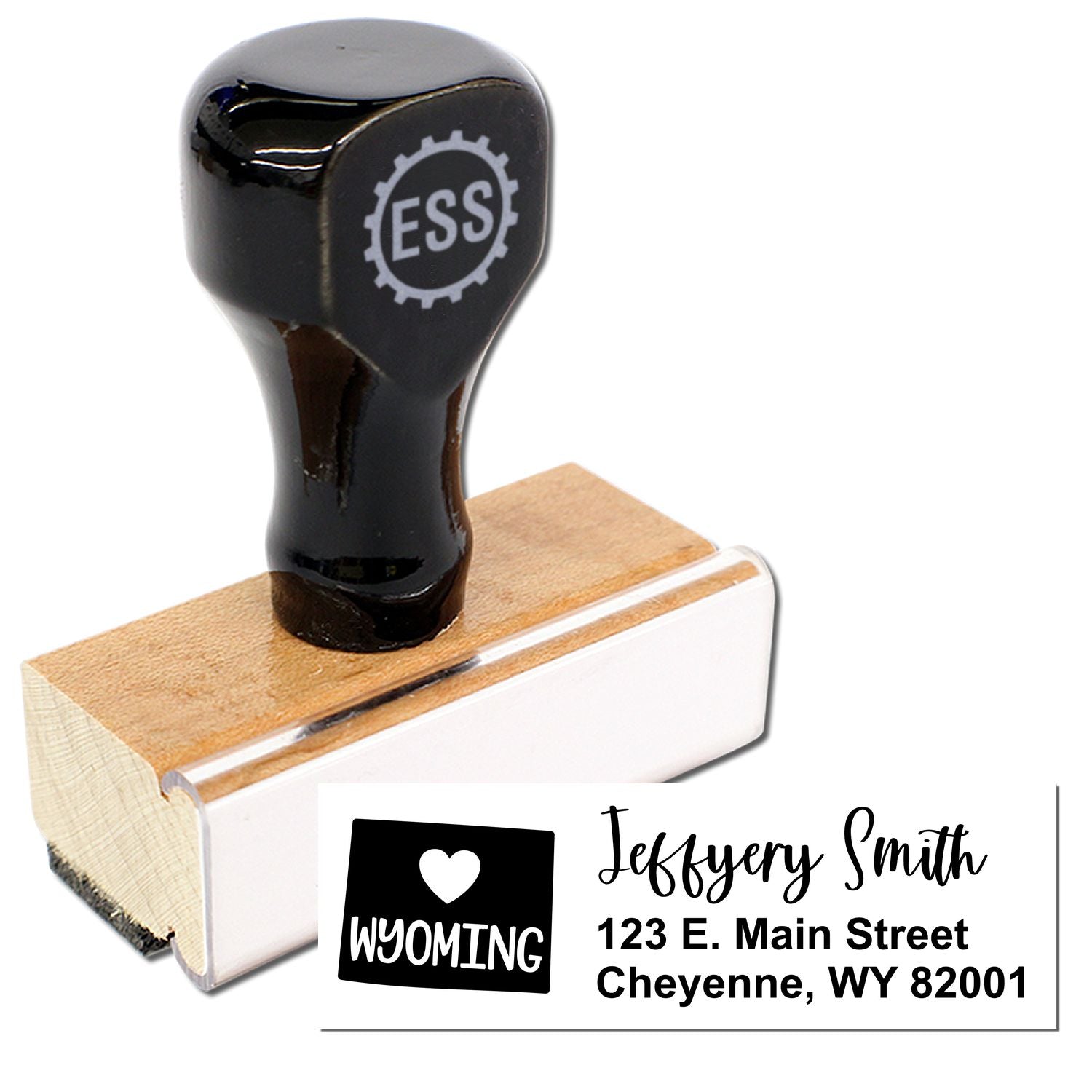 Wyoming State Love Personalized Address Stamp with a wooden handle and black top. Includes a sample address: Jeffery Smith, 123 E. Main St, Cheyenne, WY 82001, featuring a heart and state outline design.