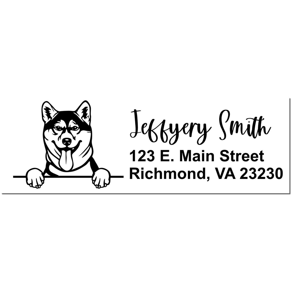 Black-and-white custom stamp seal with husky logo, Jeffrey Smith name, and Richmond, VA address.