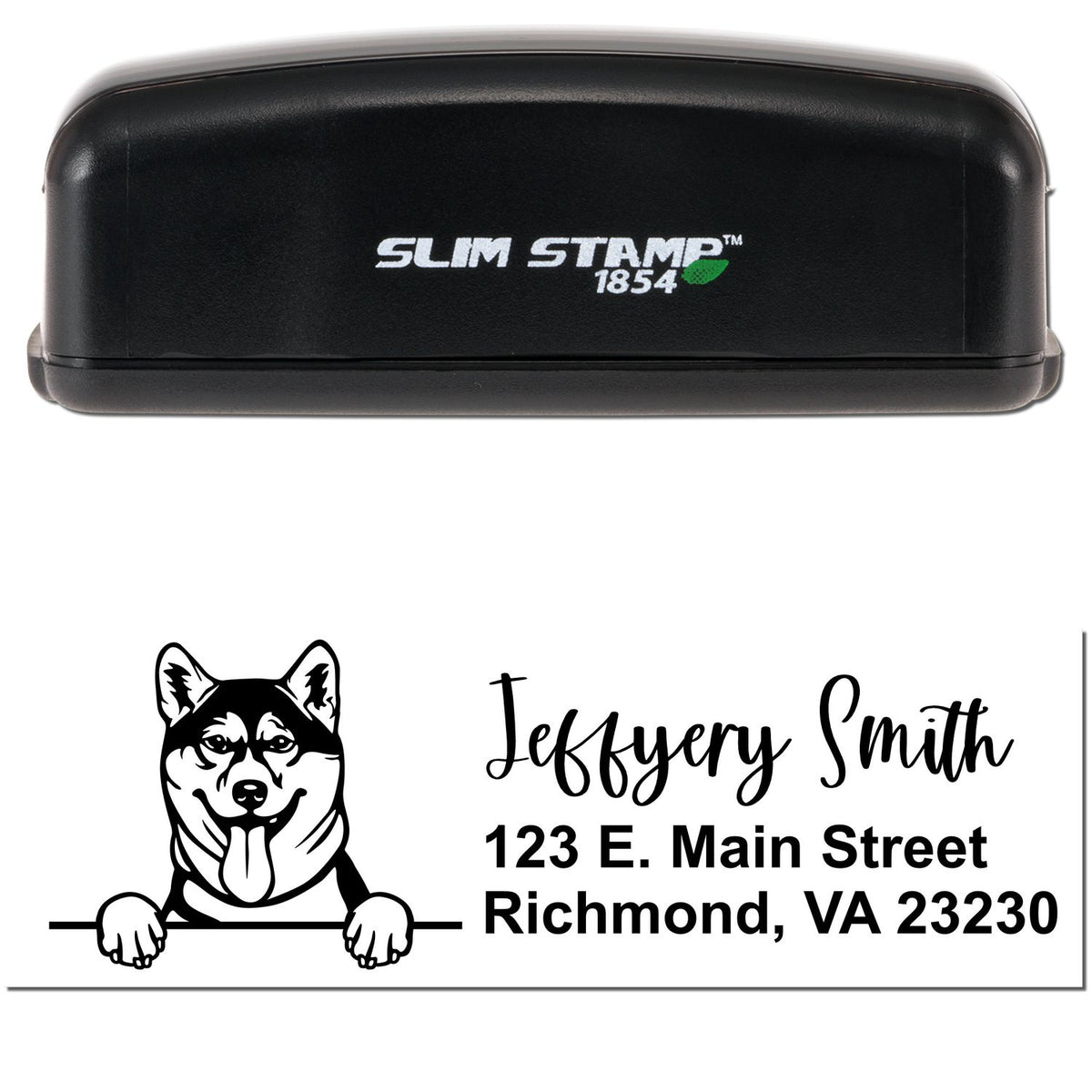 Black Slim Stamp 1854 self-inking stamp with custom dog seal, black husky graphic, and Jeffrey Smith address text.