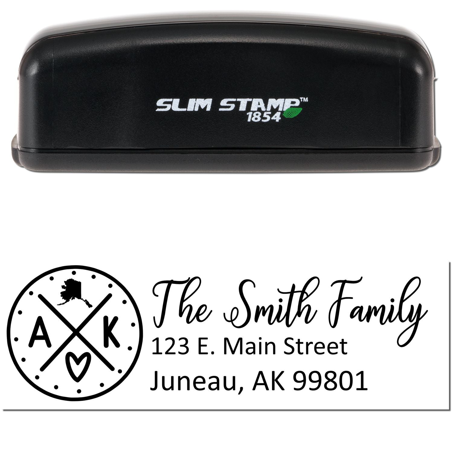 Slim Alaska Customized Pre-Inked Address Stamp in black, featuring The Smith Family with an Alaska-themed design and address: 123 E. Main Street, Juneau, AK 99801.