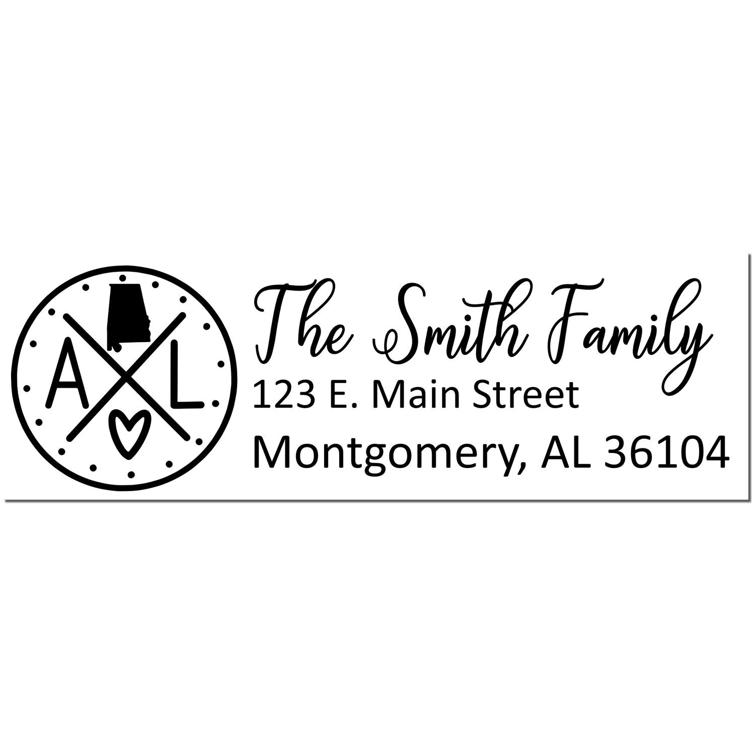 Alabama State Pride Customized Address Stamp featuring a circular design with AL and a heart, alongside personalized text for The Smith Family at 123 E. Main Street, Montgomery, AL 36104.