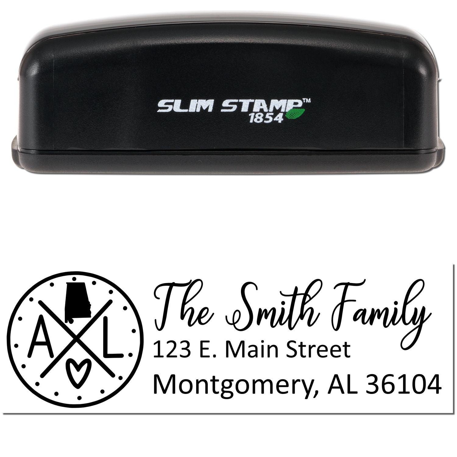 Image of a Slim Alabama Customized Pre-Inked Address Stamp in black, featuring a personalized address design with The Smith Family and an Alabama-themed logo.