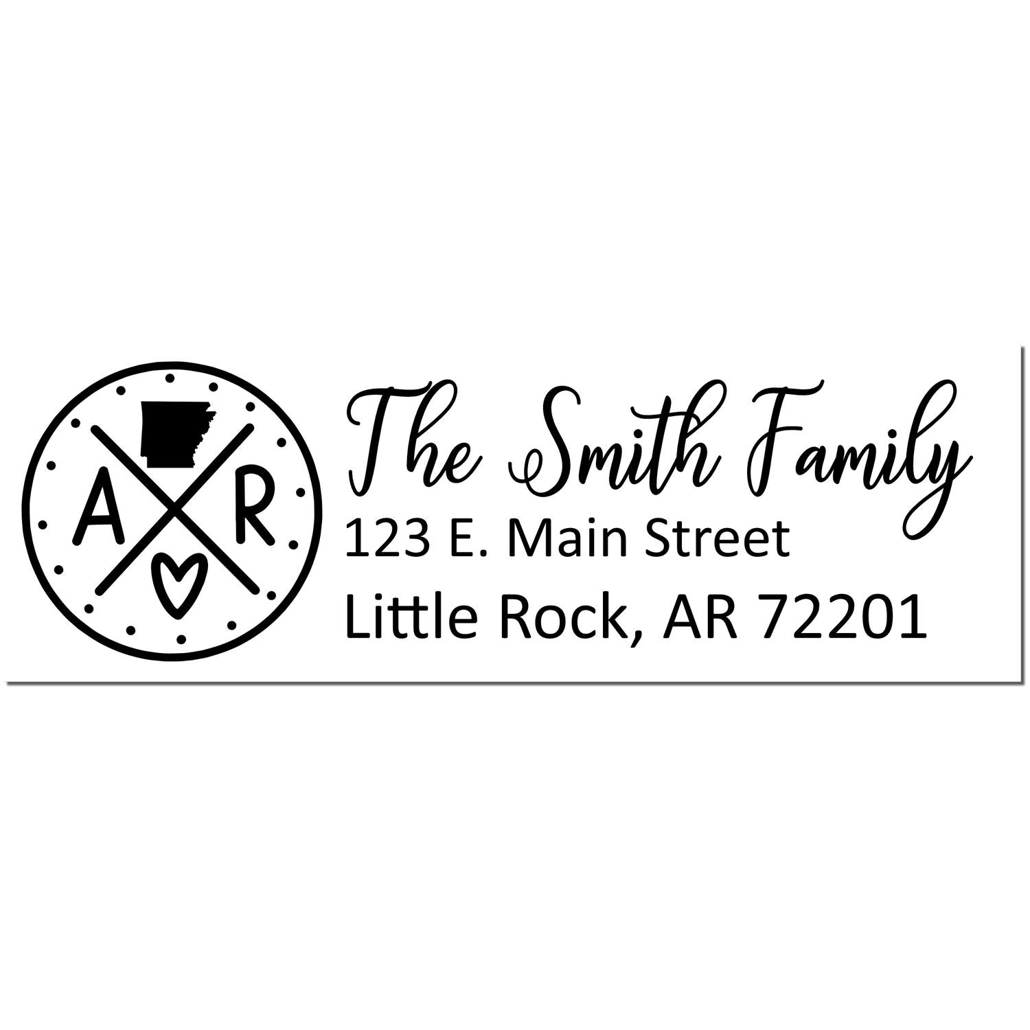 Arkansas State Pride Customized Address Stamp featuring a circular design with AR and a heart, alongside personalized text for The Smith Family at 123 E. Main Street, Little Rock, AR 72201.