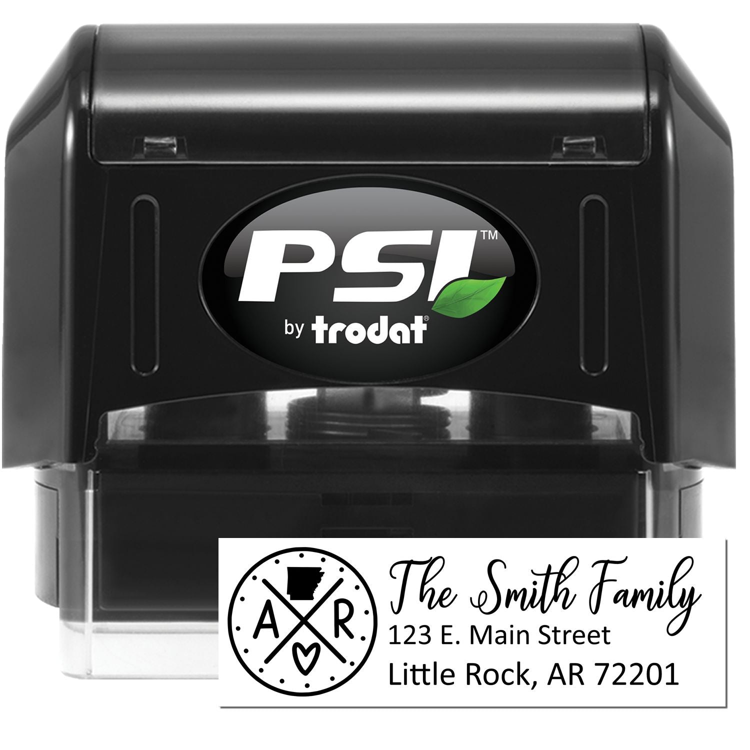 PSI Pre-Inked Arkansas State Pride Customized Address Stamp featuring a sleek black design with personalized address details for The Smith Family in Little Rock, AR.