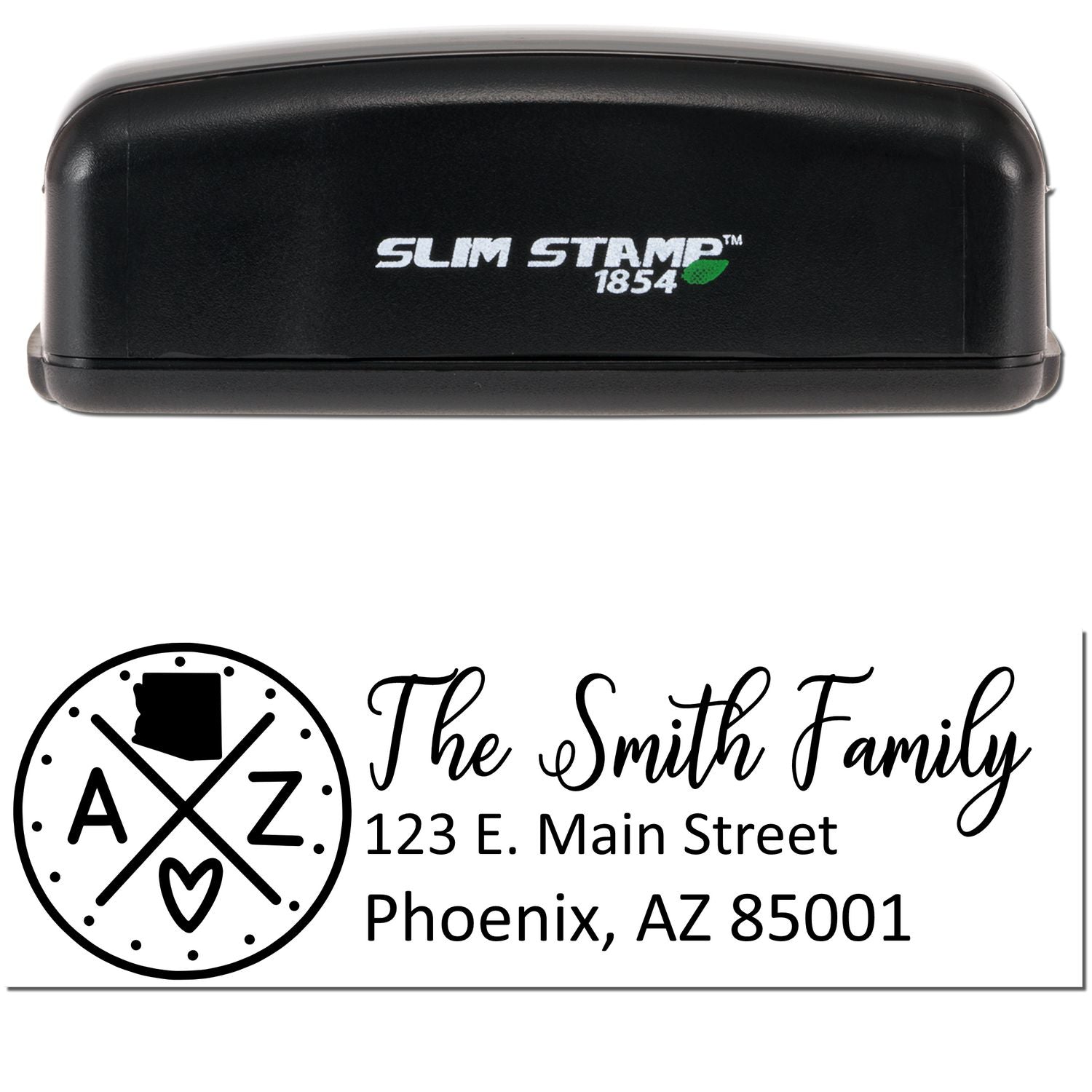 Image of a Slim Arizona Customized Pre-Inked Address Stamp with a black casing. The stamp imprint shows The Smith Family, 123 E. Main Street, Phoenix, AZ 85001 with a decorative Arizona logo.