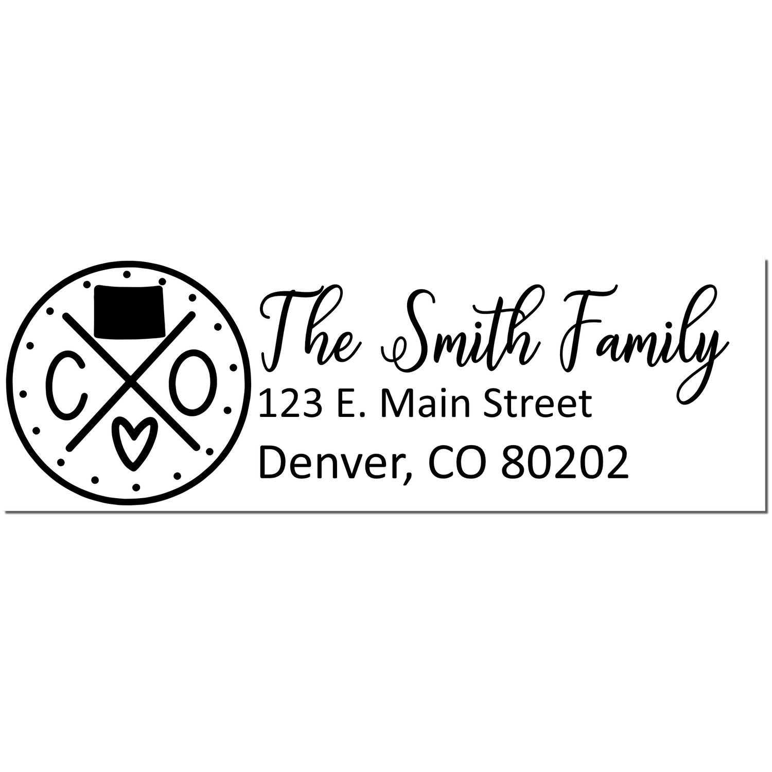 PSI Pre-Inked Colorado State Pride Customized Address Stamp featuring a circular CO design with a hat and heart, alongside The Smith Family and address in elegant script.