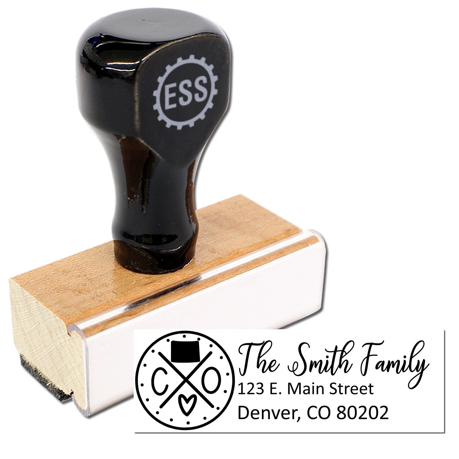 Image of a Colorado State Pride Customized Address Stamp with a wooden base and black handle. The stamp imprint shows The Smith Family and an address in Denver, CO, featuring a Colorado-themed design.