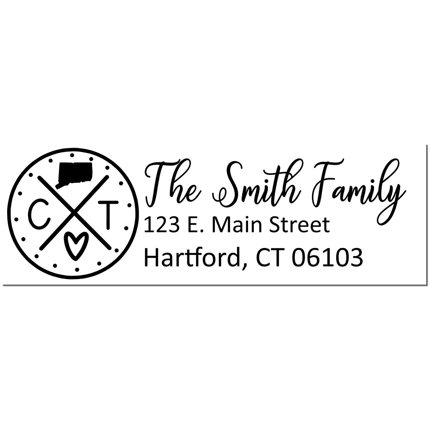 Connecticut State Pride Customized Address Stamp featuring a circular design with CT and a heart, personalized with The Smith Family and an address in Hartford, CT.