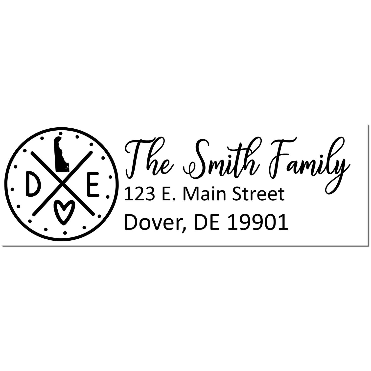 PSI Pre-Inked Delaware State Pride Customized Address Stamp featuring a circular DE logo with a silhouette, heart, and personalized address for the Smith Family in Dover, DE.