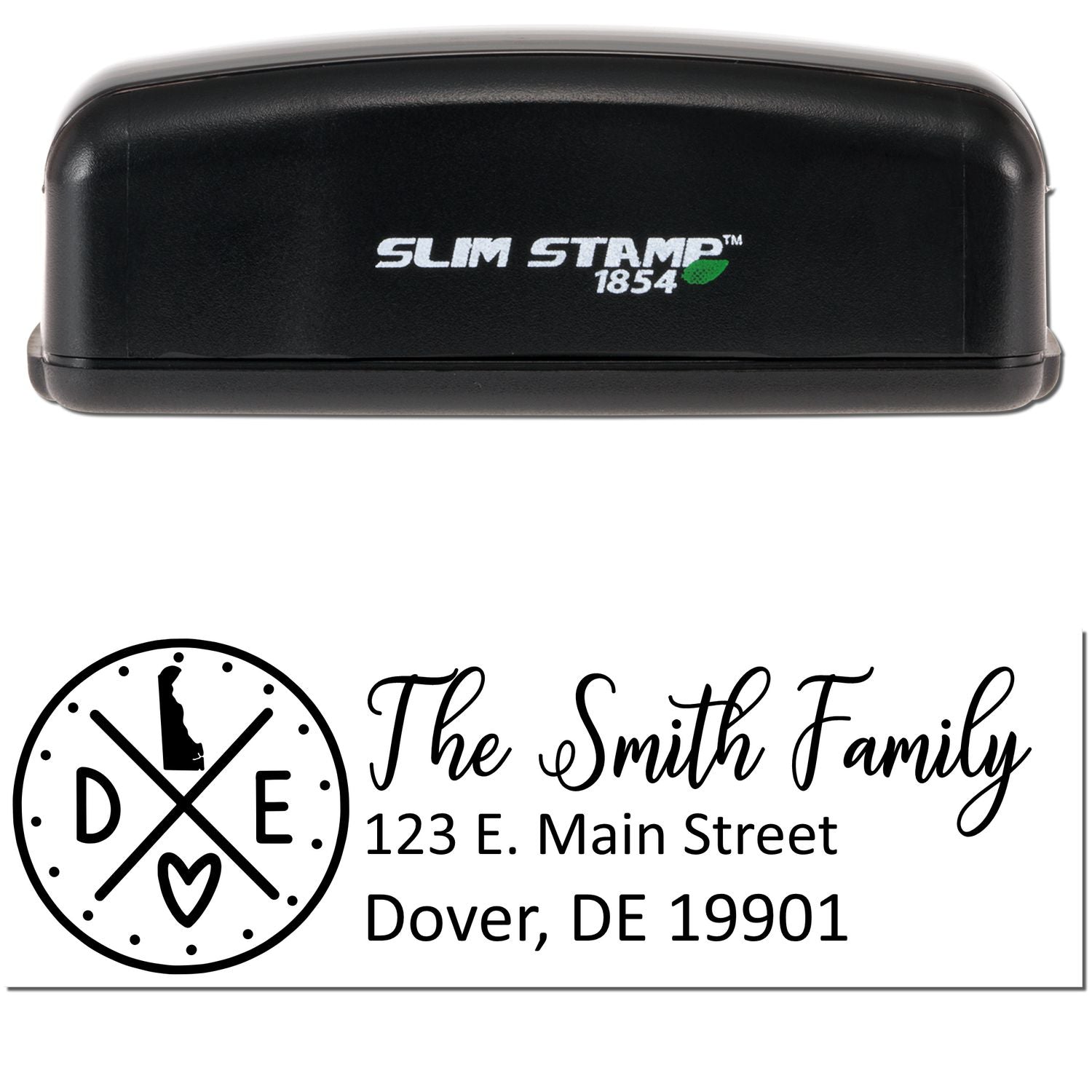 Image of a Slim Delaware Customized Pre-Inked Address Stamp with a black casing. The stamp imprint shows The Smith Family, 123 E. Main Street, Dover, DE 19901 with a decorative Delaware state icon.