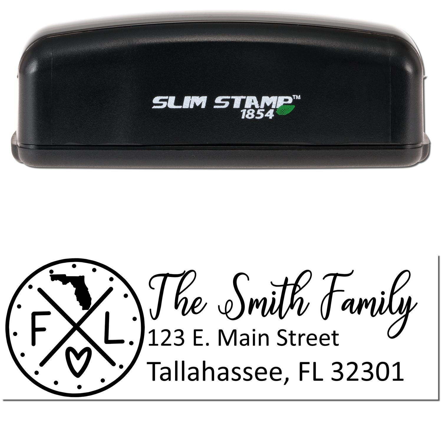 Black Slim Florida Customized Pre-Inked Address Stamp with The Smith Family and address: 123 E. Main Street, Tallahassee, FL 32301, featuring a Florida map and heart design.