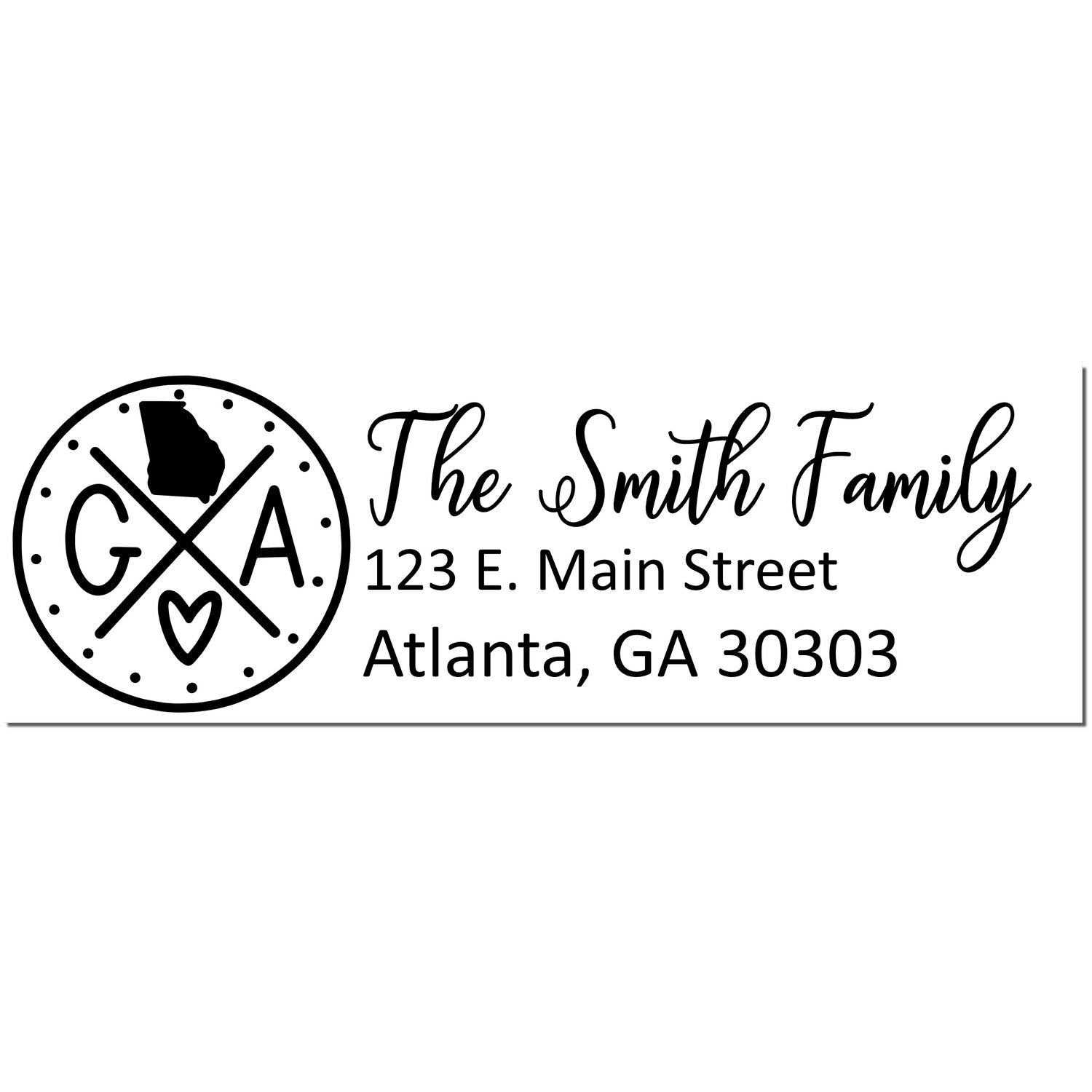 Georgia State Pride Customized Address Stamp featuring a circular design with GA and a heart, alongside personalized text for The Smith Family, 123 E. Main Street, Atlanta, GA 30303.