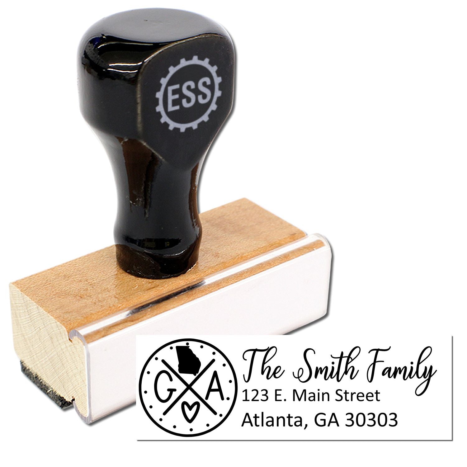 Georgia State Pride Customized Address Stamp with a wooden base and black handle. Features The Smith Family and an address in Atlanta, GA, with a state outline and heart design.