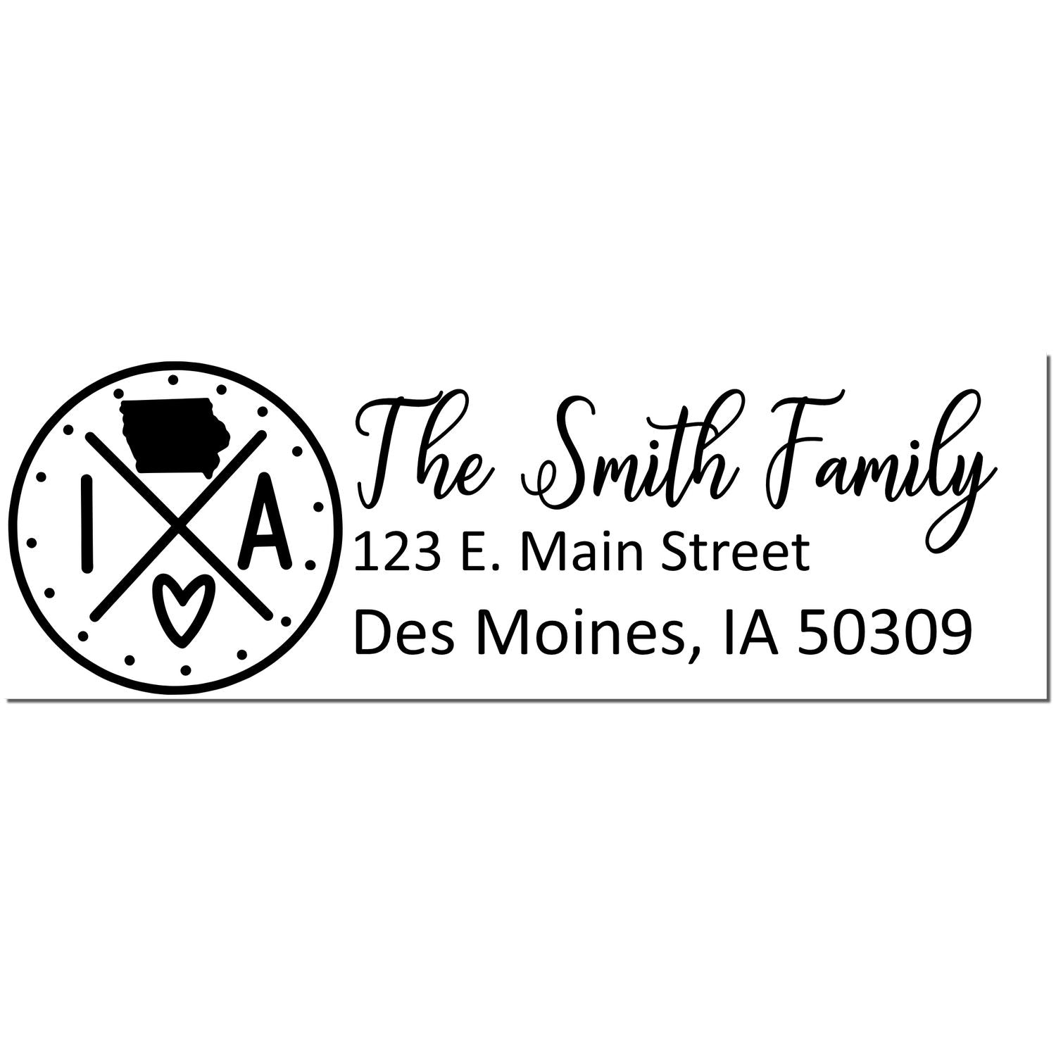 Slim Iowa Customized Pre-Inked Address Stamp featuring a circular Iowa design with IA and heart, personalized with The Smith Family, 123 E. Main Street, Des Moines, IA 50309 in elegant font.