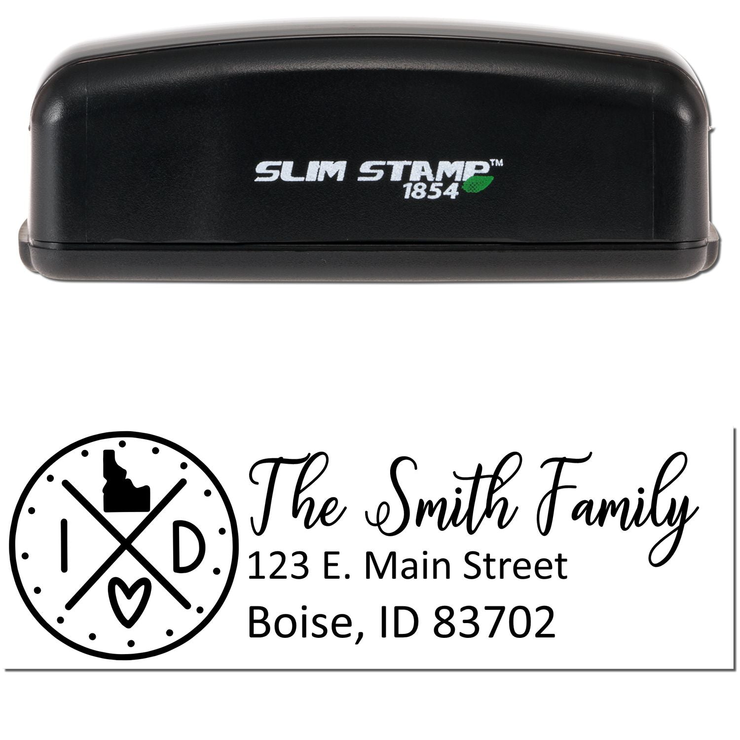 Image of a Slim Idaho Customized Pre-Inked Address Stamp with a black casing. The stamp imprint shows The Smith Family, 123 E. Main Street, Boise, ID 83702 with an Idaho state icon and heart.