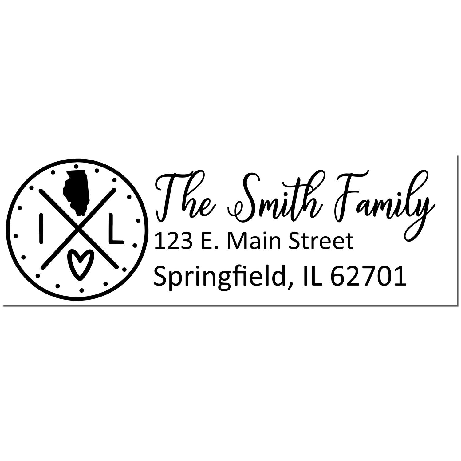 Illinois State Pride Customized Address Stamp featuring a circular design with IL and a heart, personalized with The Smith Family and an address in Springfield, IL.