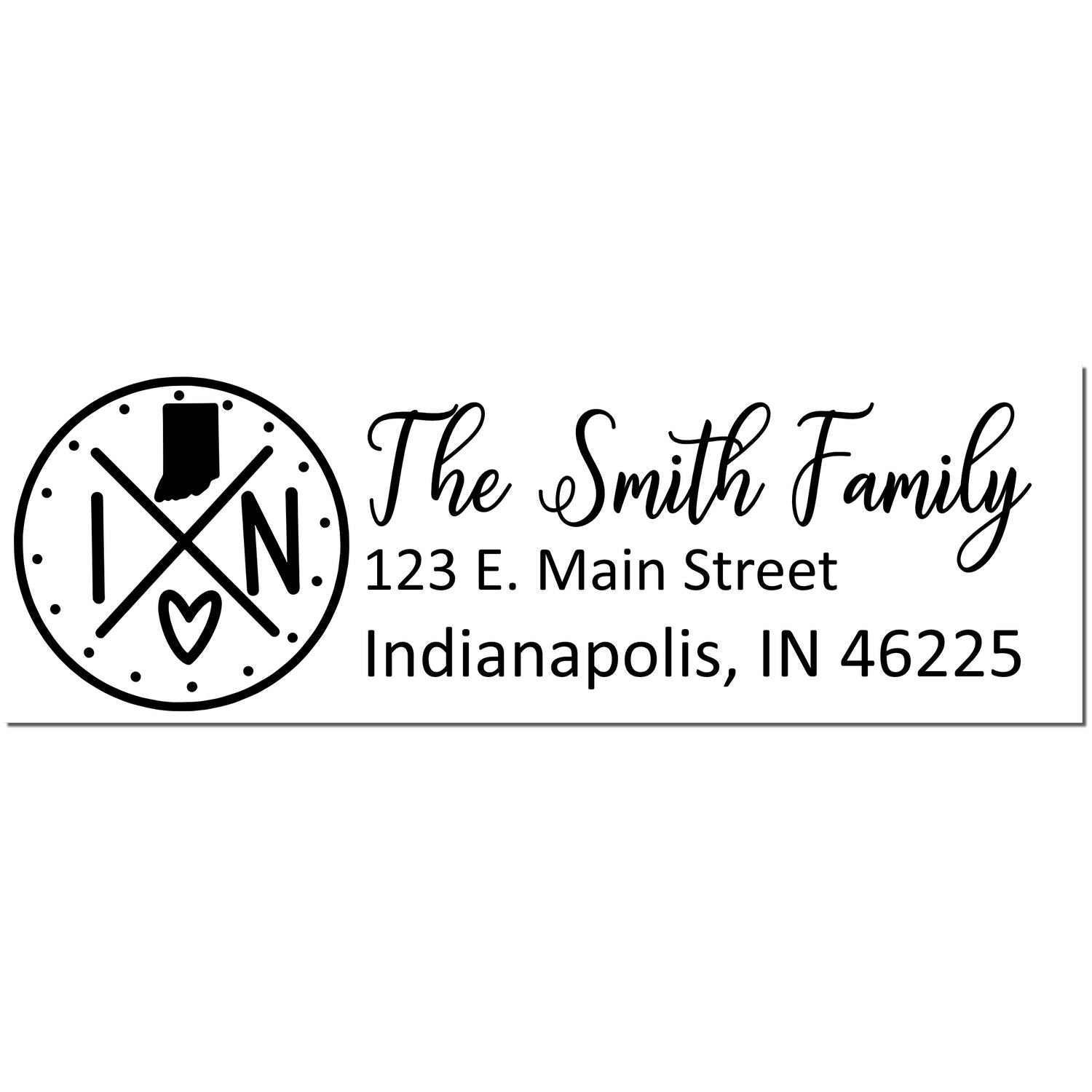 Slim Indiana Customized Pre-Inked Address Stamp featuring a circular design with IN and a heart, alongside The Smith Family, 123 E. Main Street, Indianapolis, IN 46225 in elegant script.