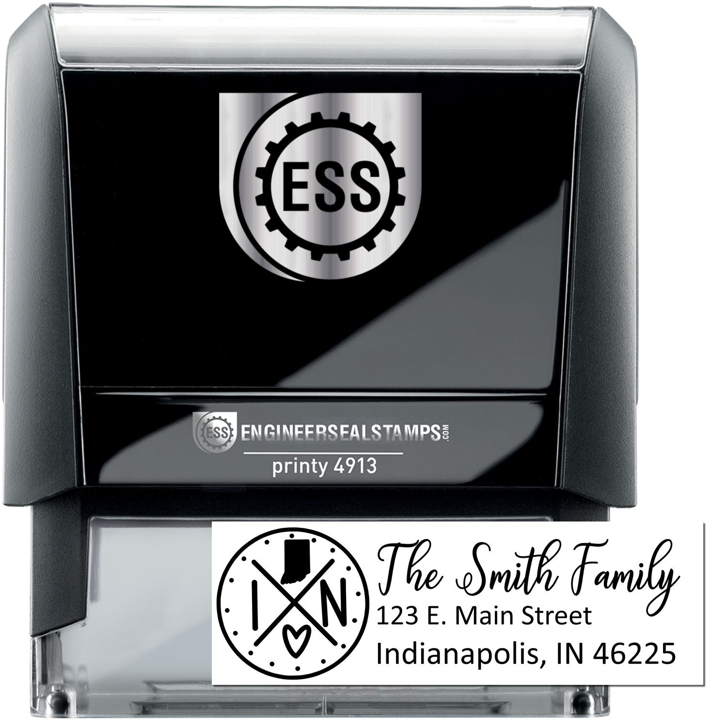 Self-Inking State Love of Indiana Custom Address Stamp featuring a black casing with ESS logo. Personalized with The Smith Family and address in Indianapolis, IN. Perfect for efficient mailing.