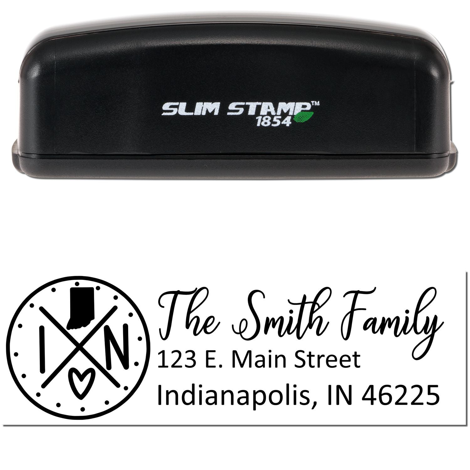 Image of a Slim Indiana Customized Pre-Inked Address Stamp with a black casing. The stamp imprint shows The Smith Family, 123 E. Main Street, Indianapolis, IN 46225 with a decorative Indiana logo.