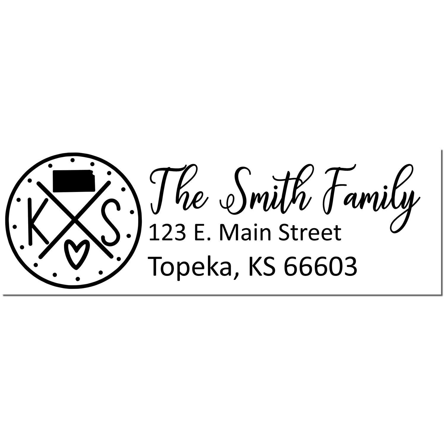 PSI Pre-Inked Kansas State Pride Customized Address Stamp featuring KS logo, heart, and personalized address for the Smith Family, 123 E. Main Street, Topeka, KS 66603, in elegant black font.