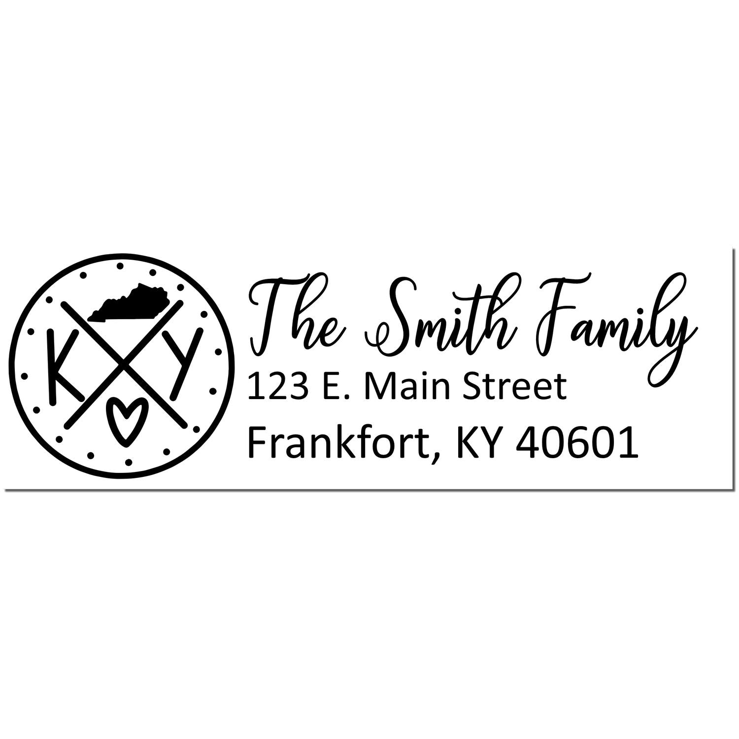 Self-Inking State Love of Kentucky Custom Address Stamp featuring KY with a heart and state outline, personalized with The Smith Family, 123 E. Main Street, Frankfort, KY 40601 in elegant script.