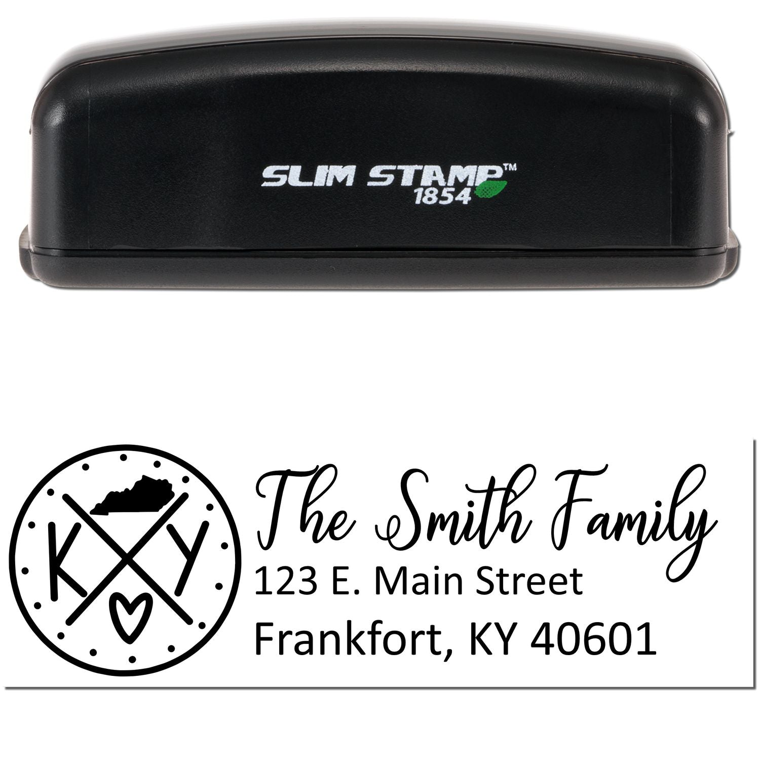 Image of a Slim Kentucky Customized Pre-Inked Address Stamp with a black casing. The stamp imprint shows The Smith Family, 123 E. Main Street, Frankfort, KY 40601 with a decorative Kentucky logo.