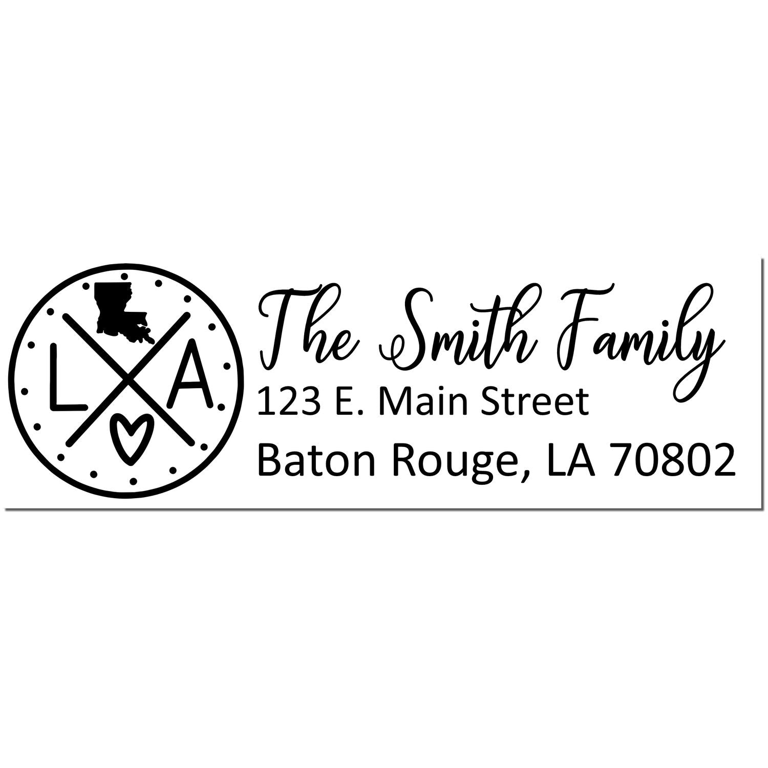 Louisiana State Pride Customized Address Stamp featuring a circular LA design with a heart, personalized with The Smith Family and Baton Rouge address in elegant script.