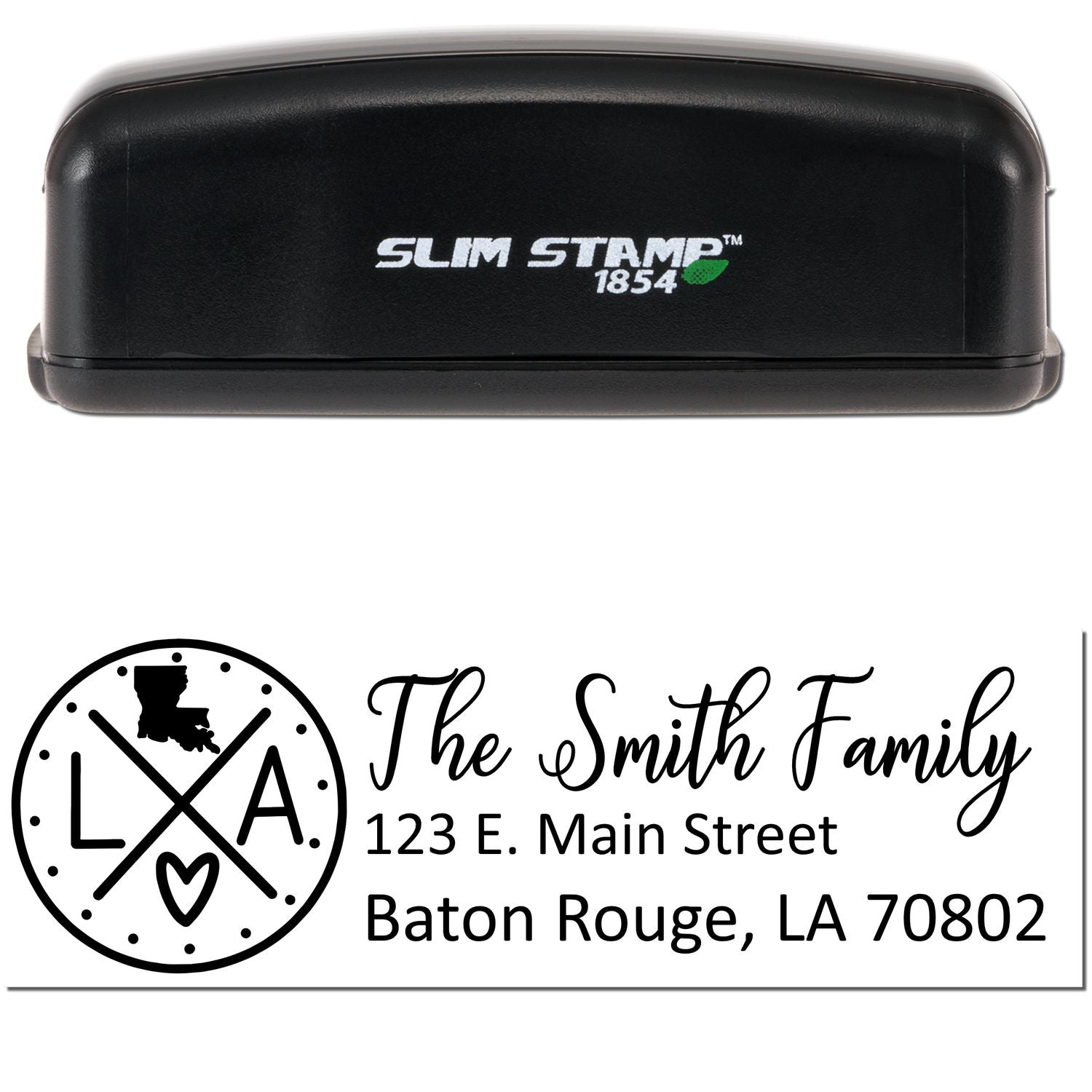 Image of a Slim Louisiana Customized Pre-Inked Address Stamp with a black casing. The stamp imprint shows The Smith Family and an address in Baton Rouge, LA, with a decorative Louisiana design.