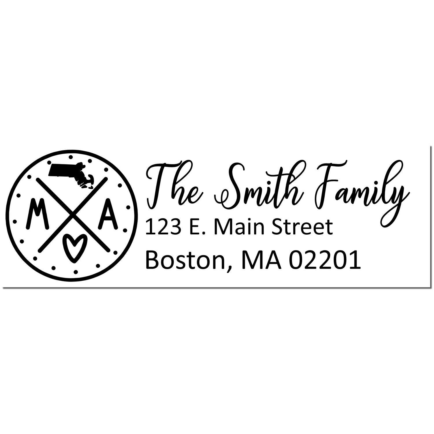 Image of the Slim Massachusetts Customized Pre-Inked Address Stamp featuring a circular design with MA and a heart, alongside personalized text for The Smith Family and their Boston address.