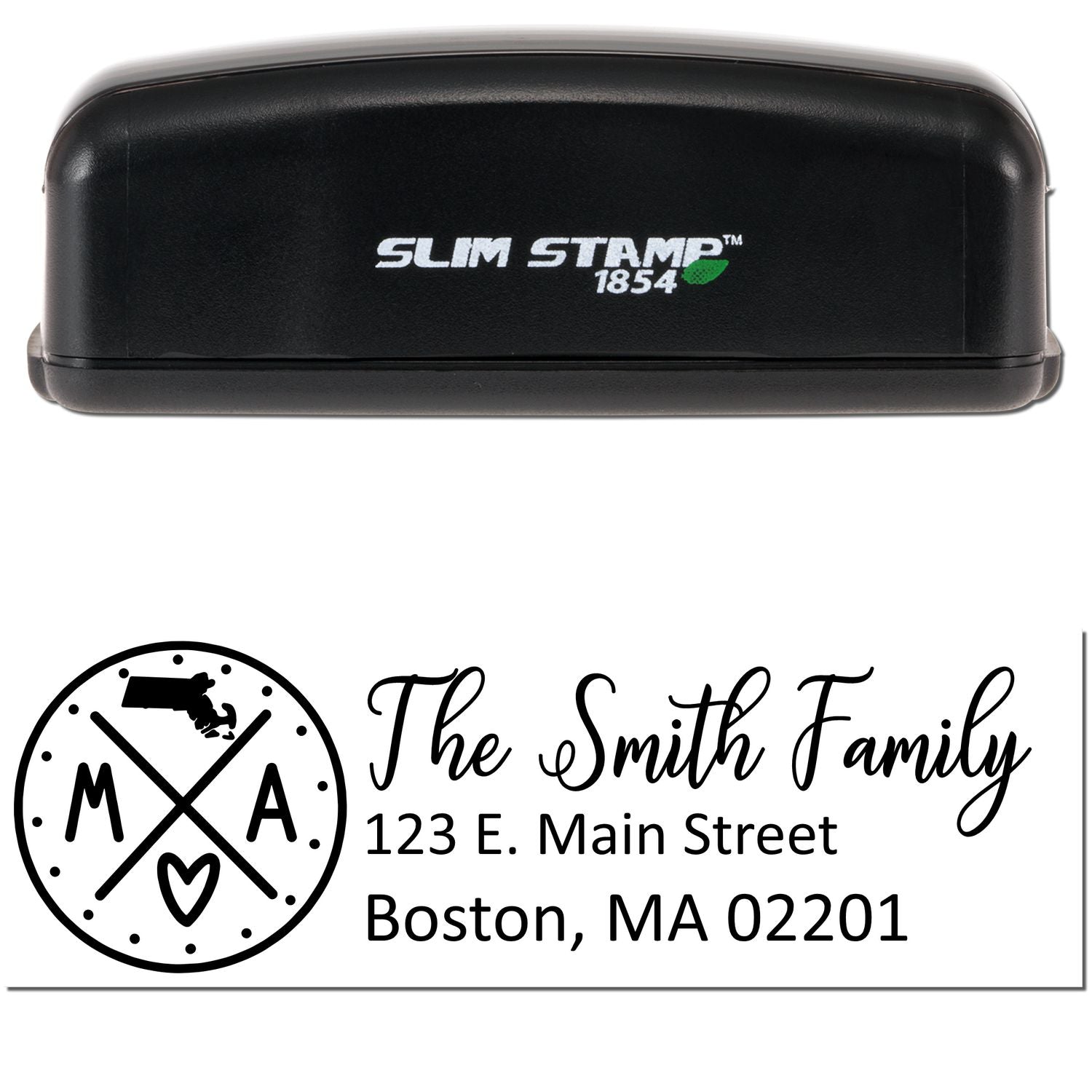 Slim Massachusetts Customized Pre-Inked Address Stamp with The Smith Family design, featuring a Massachusetts state outline and address: 123 E. Main Street, Boston, MA 02201.