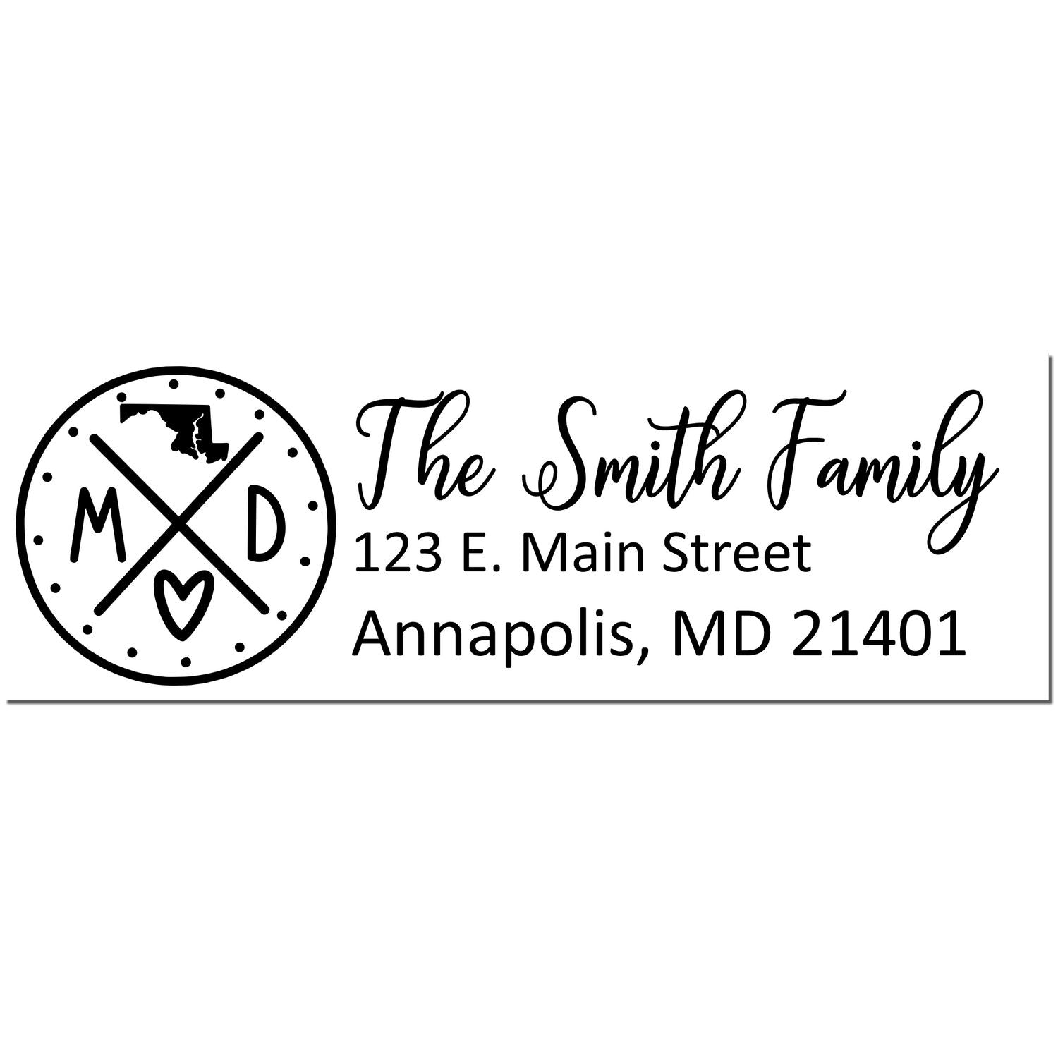 Maryland State Pride Customized Address Stamp featuring a circular design with MD and a heart, alongside personalized text for The Smith Family at 123 E. Main Street, Annapolis, MD 21401.