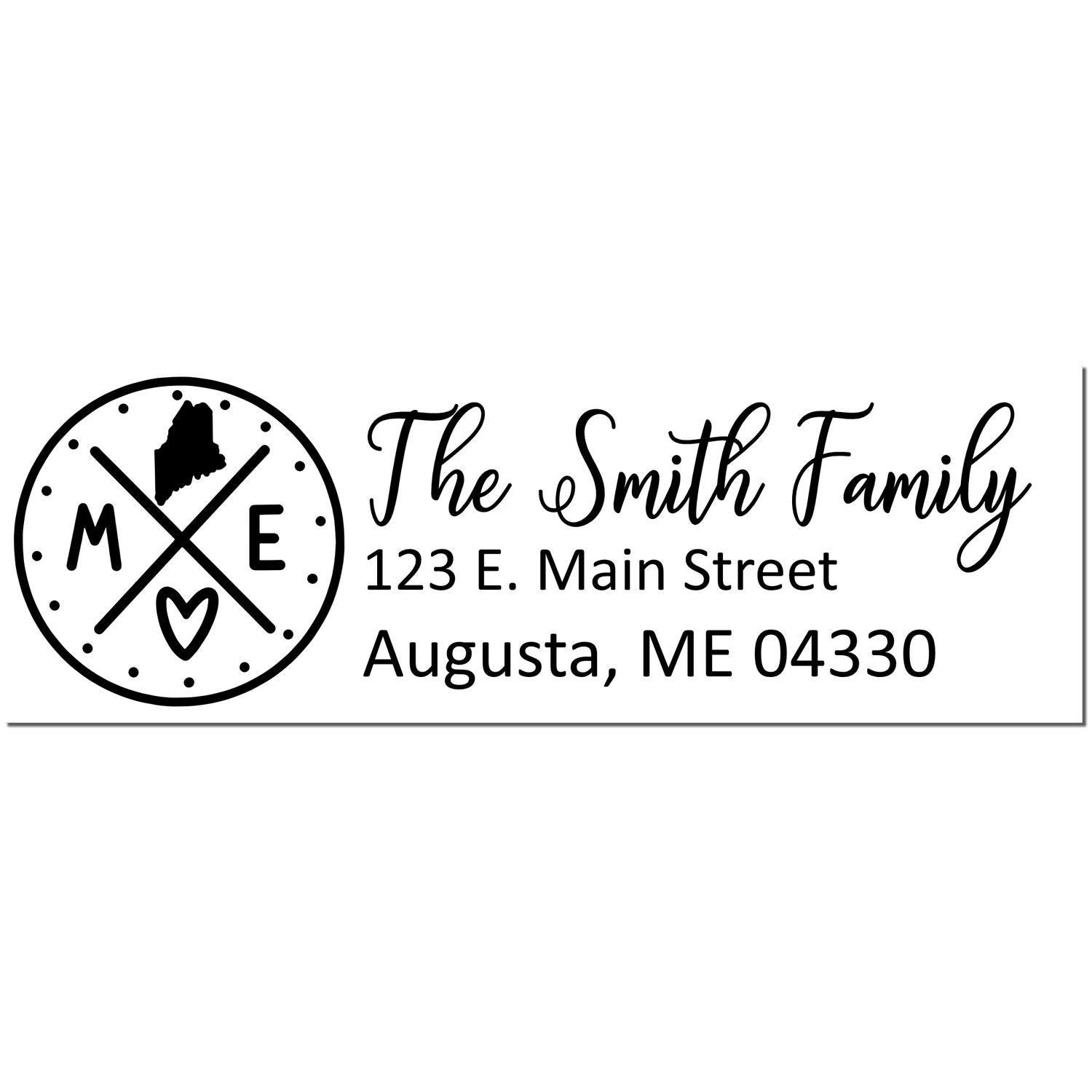 Maine State Pride Customized Address Stamp featuring a circular design with ME and a heart, alongside personalized text for The Smith Family at 123 E. Main Street, Augusta, ME 04330.