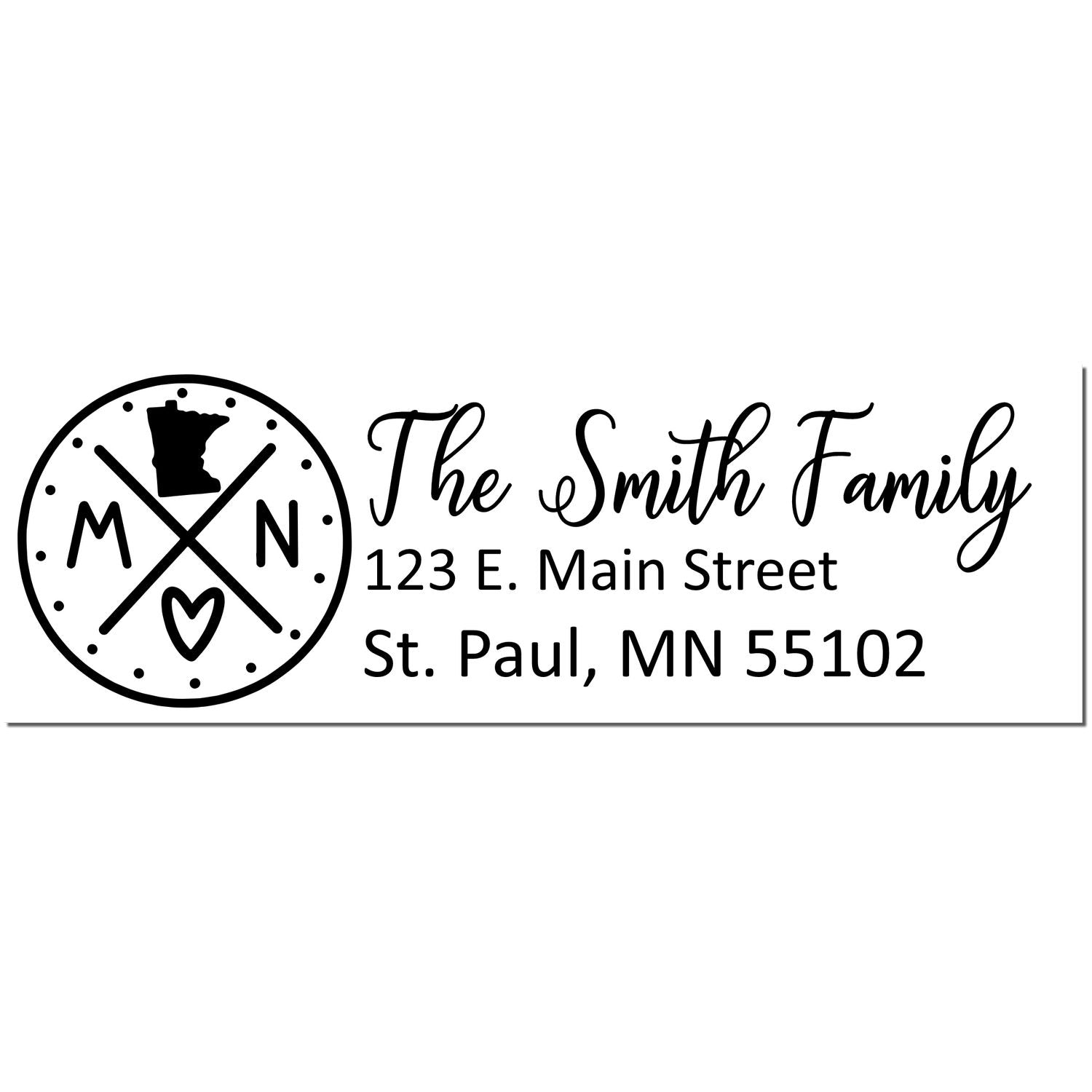 Slim Minnesota Customized Pre-Inked Address Stamp featuring a circular MN design with a heart and state outline, personalized with The Smith Family, 123 E. Main Street, St. Paul, MN 55102.