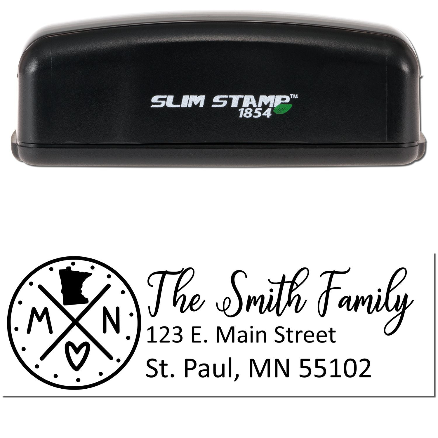 Image of the Slim Minnesota Customized Pre-Inked Address Stamp, featuring a sleek black design with personalized address details for The Smith Family in St. Paul, MN.