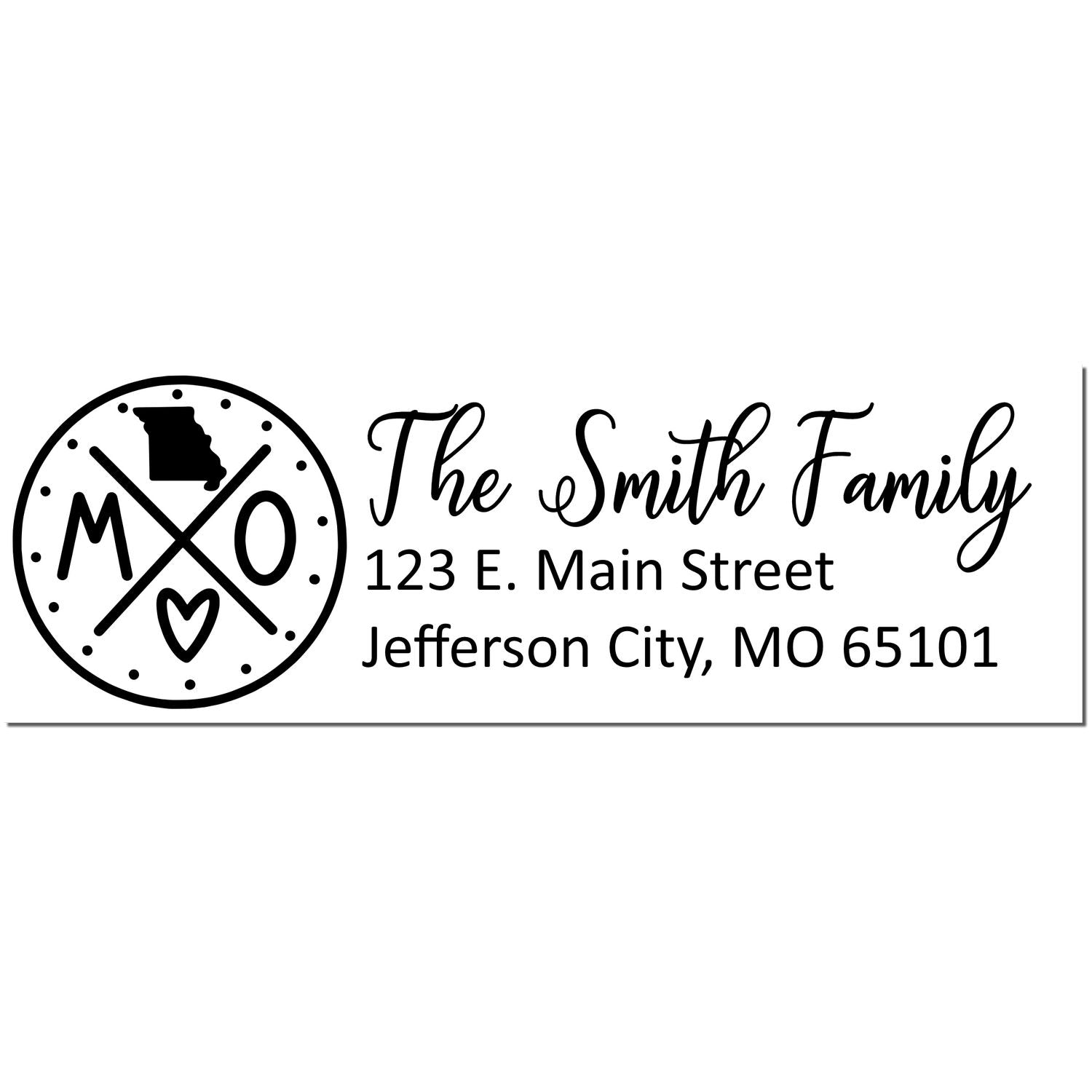 Slim Missouri Customized Pre-Inked Address Stamp featuring a circular design with MO and a heart, alongside The Smith Family and address: 123 E. Main Street, Jefferson City, MO 65101.