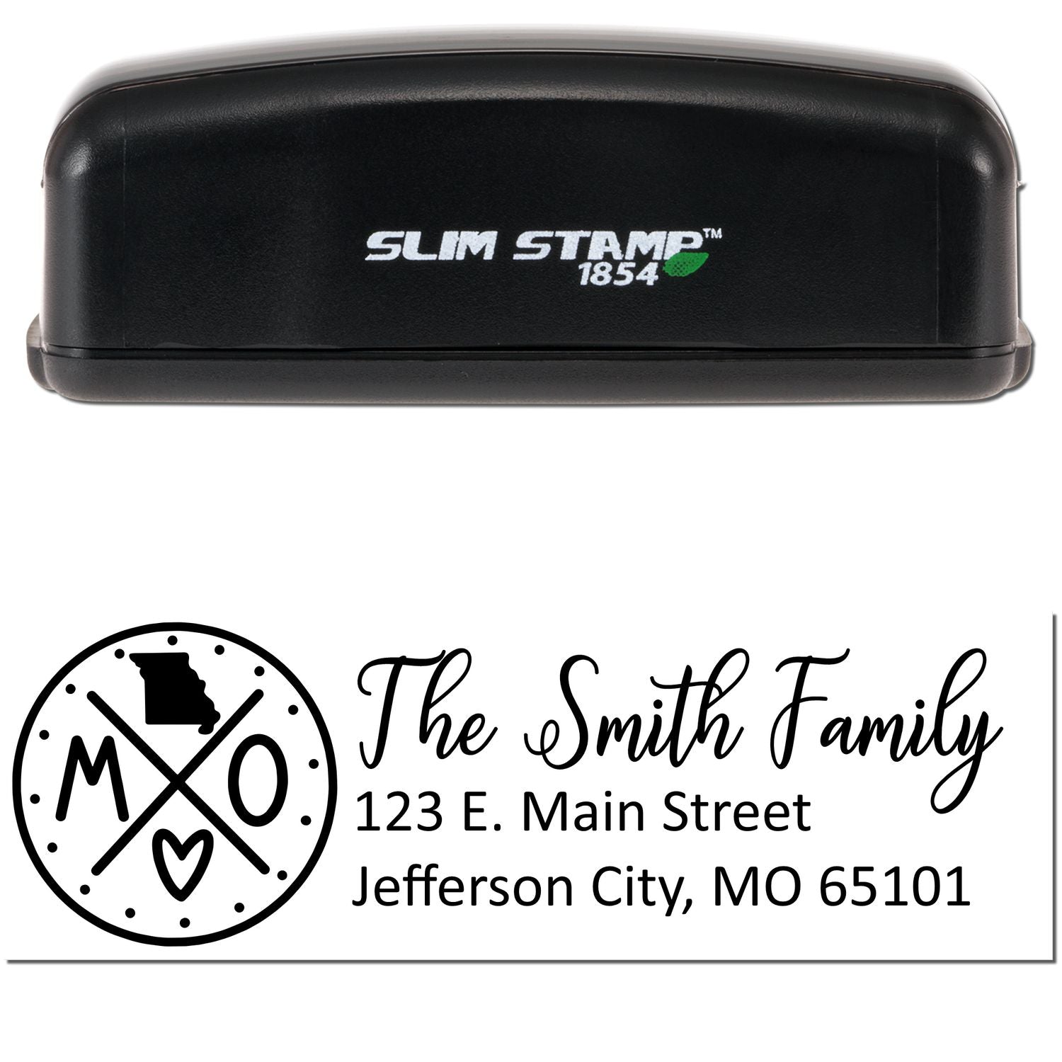 Slim Missouri Customized Pre-Inked Address Stamp with black casing, featuring personalized address and decorative Missouri state design. Ideal for efficient, stylish mail labeling.